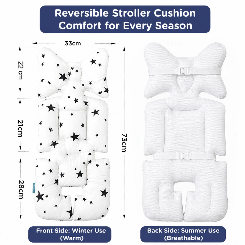 Motherly Baby Stroller Seat Cushion | Reversible and Universal Fit Pad for Strollers, High Chairs, Car Seats & Rockers | Soft, Breathable Pram Liner with Secure Straps & Safety Belt Slot - grey-star