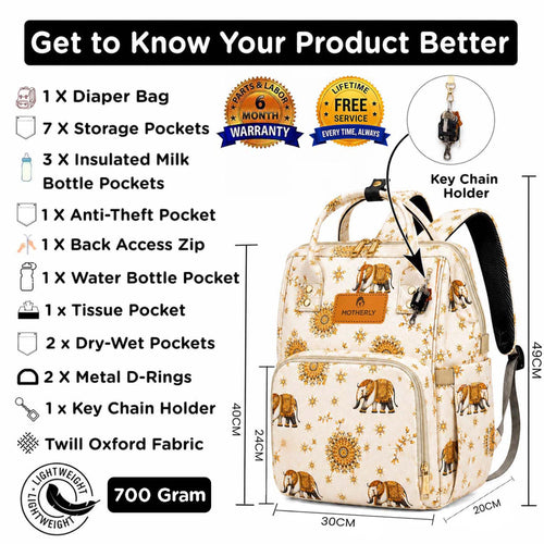 Motherly Imperial Diaper Bag Backpack | Elegant Elephant Print Maternity & Baby Travel Bag | Waterproof Diaper Bag with Insulated Pockets, Large Capacity & Premium Organization(Imperial Series, Cream)