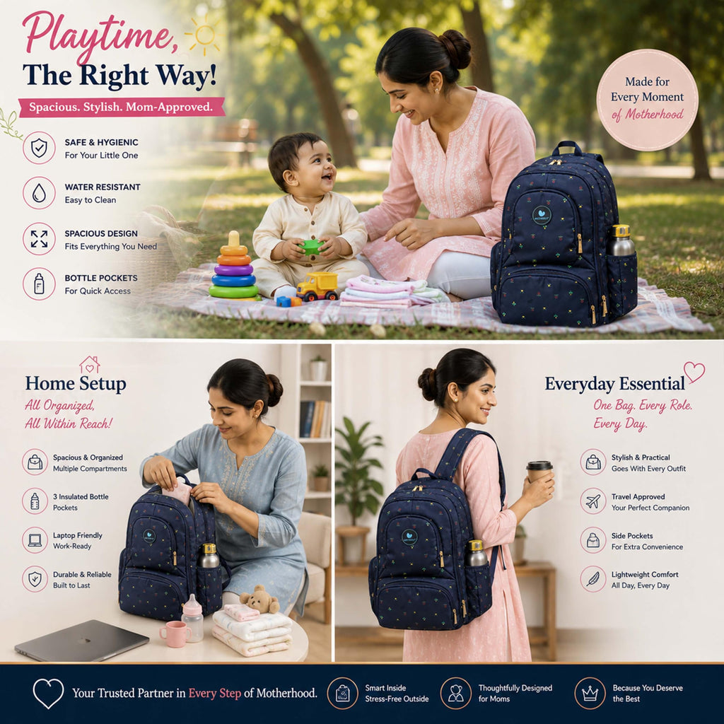 Motherly Elite Diaper Bag for Mothers for Travel, Maternity Bag for Newborn Baby, Mother Travelling Bag, Multiple Pocket Water Resistant Hospital Bag for moms with complimentary offers (Blue Flower)