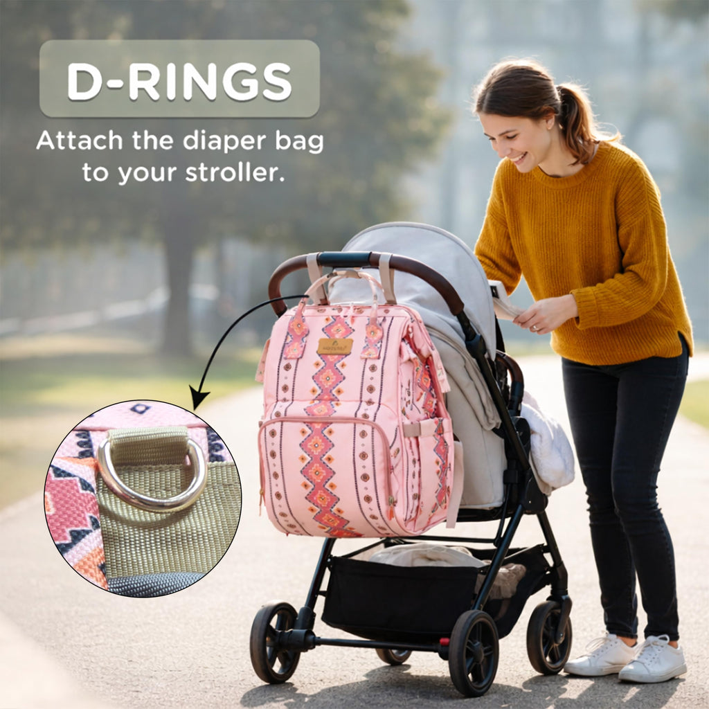 Motherly Patented Diaper Bag Backpack for Moms- (Ethnic Series, Pink)