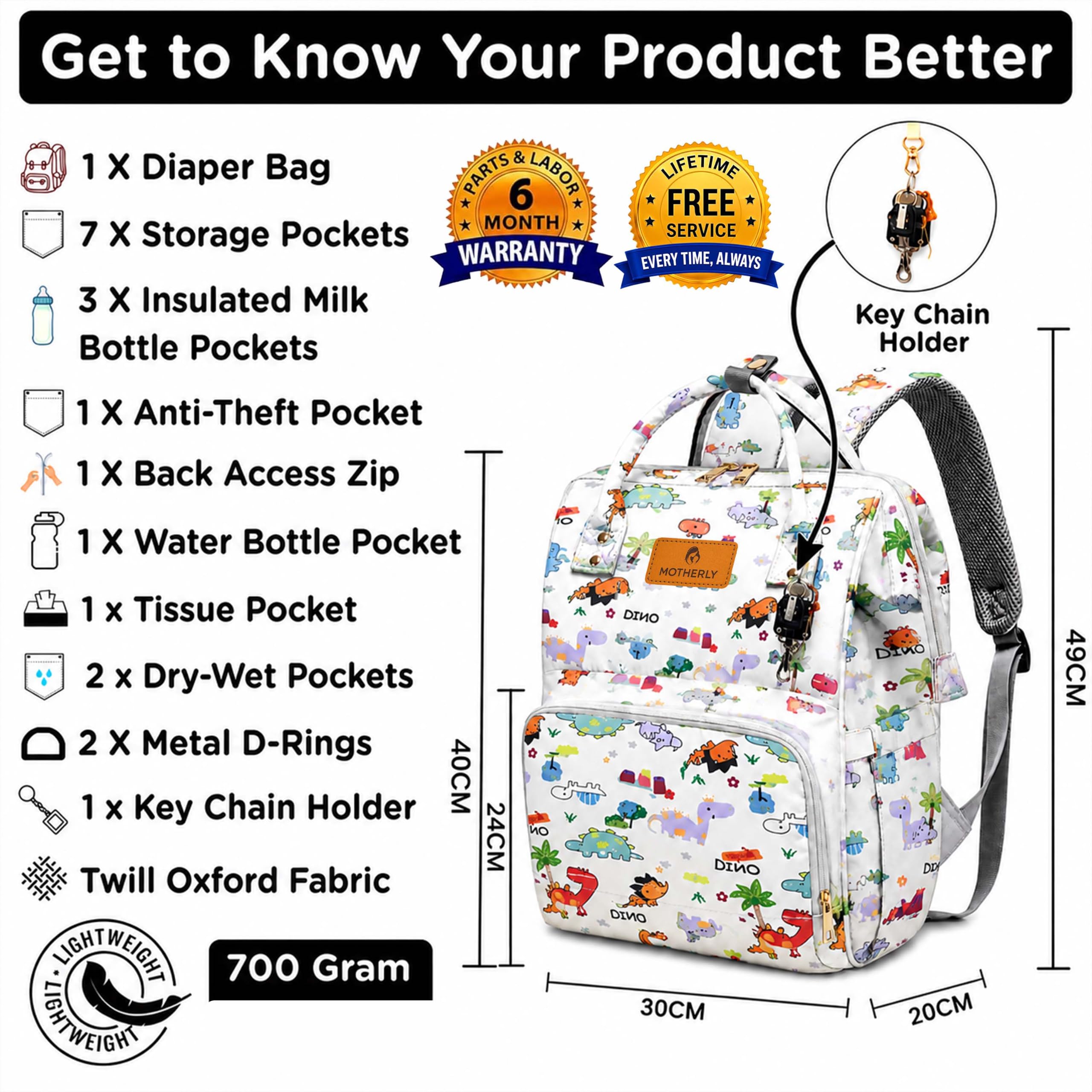 Motherly Patented Diaper Bag Backpack for Moms | Waterproof Baby Travel & Maternity Bag | Spacious Nappy Bag with Multiple Compartments, Insulated Bottle Pockets & Warranty (Kiddo Series, Dino)