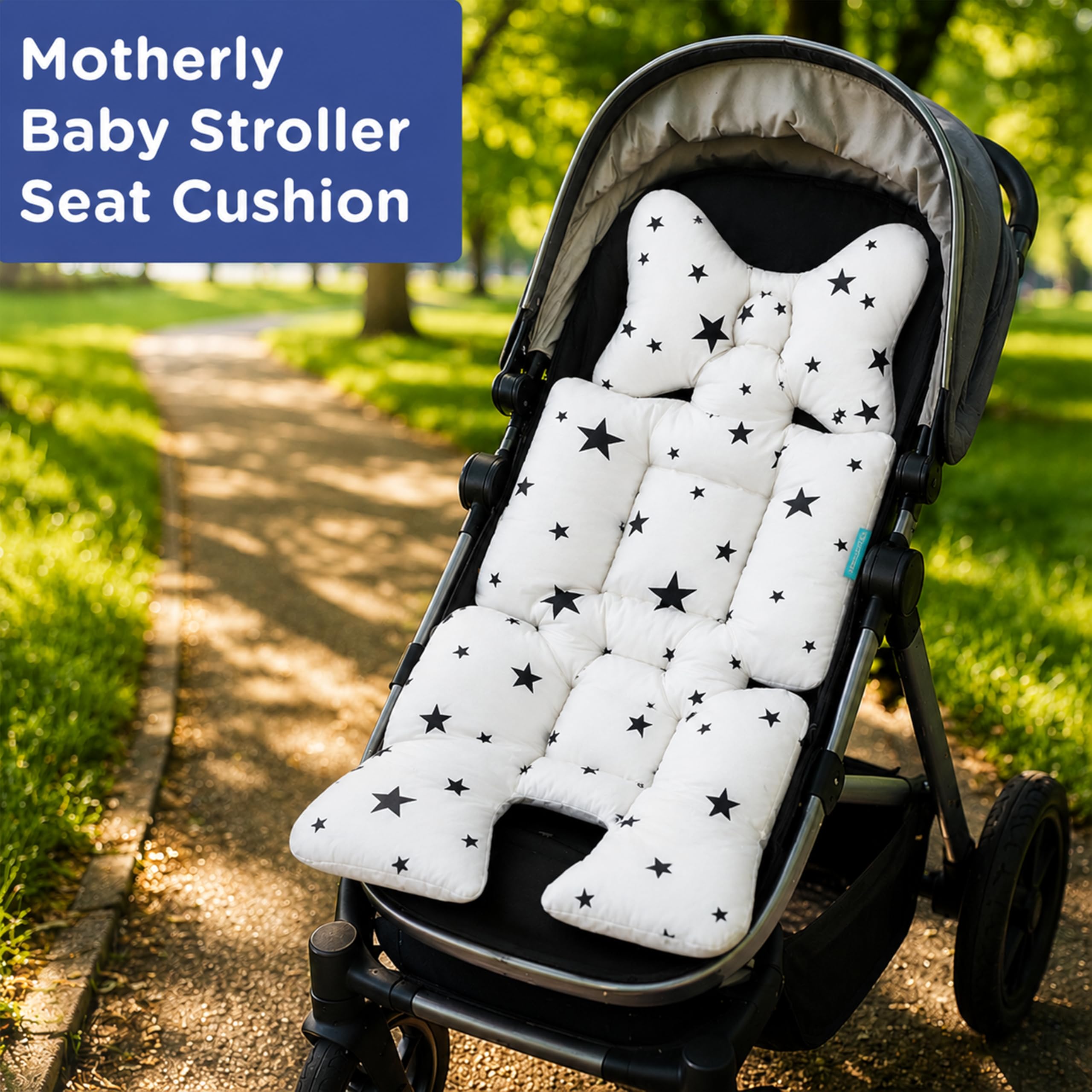 Motherly Baby Stroller Seat Cushion | Reversible and Universal Fit Pad for Strollers, High Chairs, Car Seats & Rockers | Soft, Breathable Pram Liner with Secure Straps & Safety Belt Slot - grey-star
