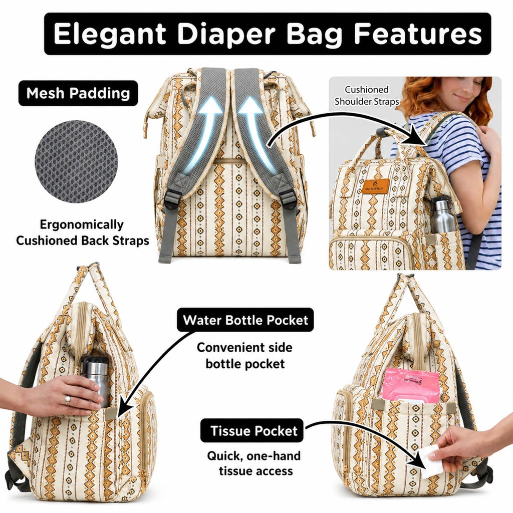 Motherly Patented Diaper Bag Backpack for Moms | Waterproof Baby Travel & Maternity Bag | Spacious Nappy Bag with Multiple Compartments, Insulated Bottle Pockets & Warranty (Ethnic Series, Cream))