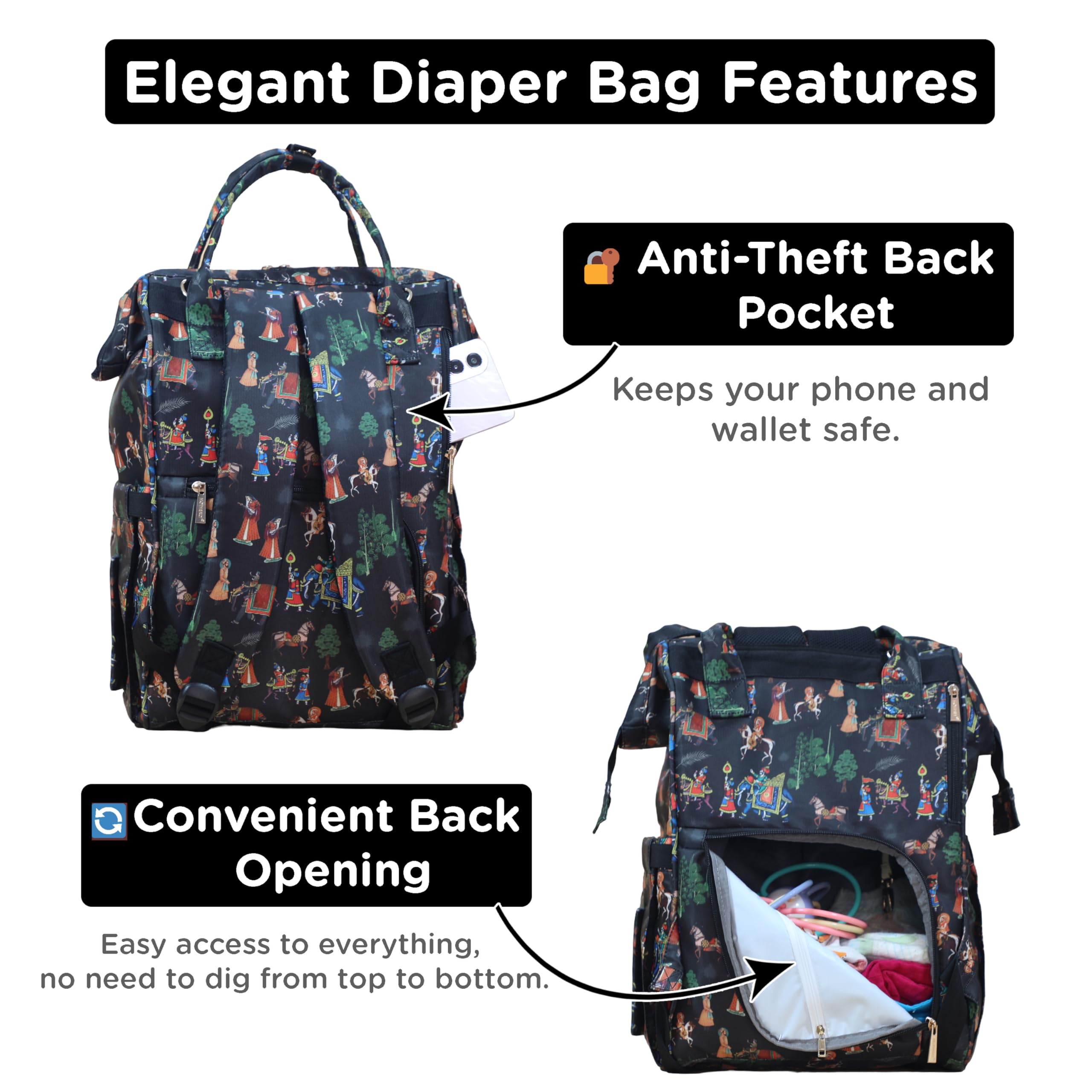 Motherly Patented Diaper Bag Backpack for Moms | Waterproof Baby Travel & Maternity Bag | Spacious Nappy Bag with Insulated Bottle Pockets & Warranty  (Imperial Series, Black)