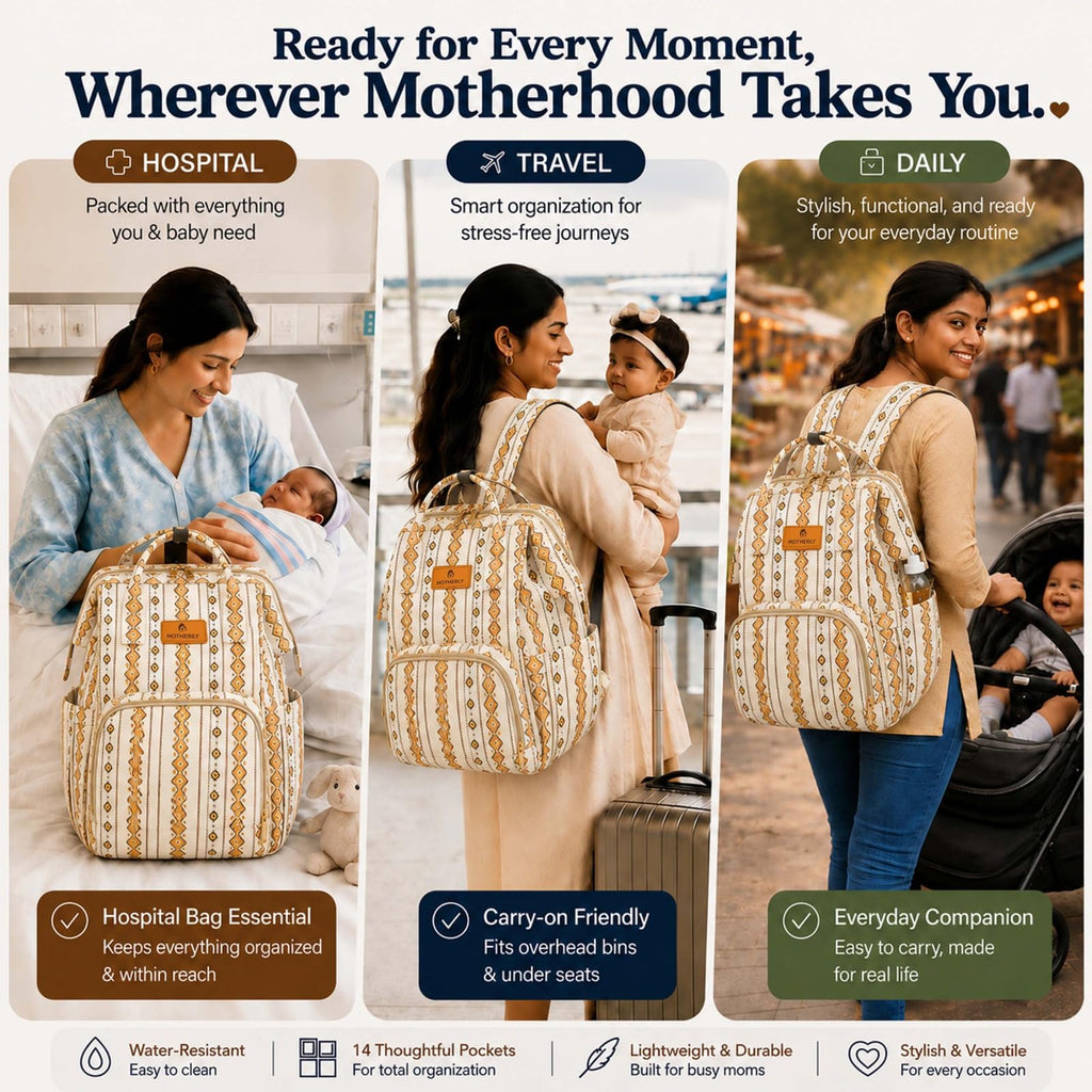 Motherly Patented Diaper Bag Backpack for Moms | Waterproof Baby Travel & Maternity Bag | Spacious Nappy Bag with Multiple Compartments, Insulated Bottle Pockets & Warranty (Ethnic Series, Cream))