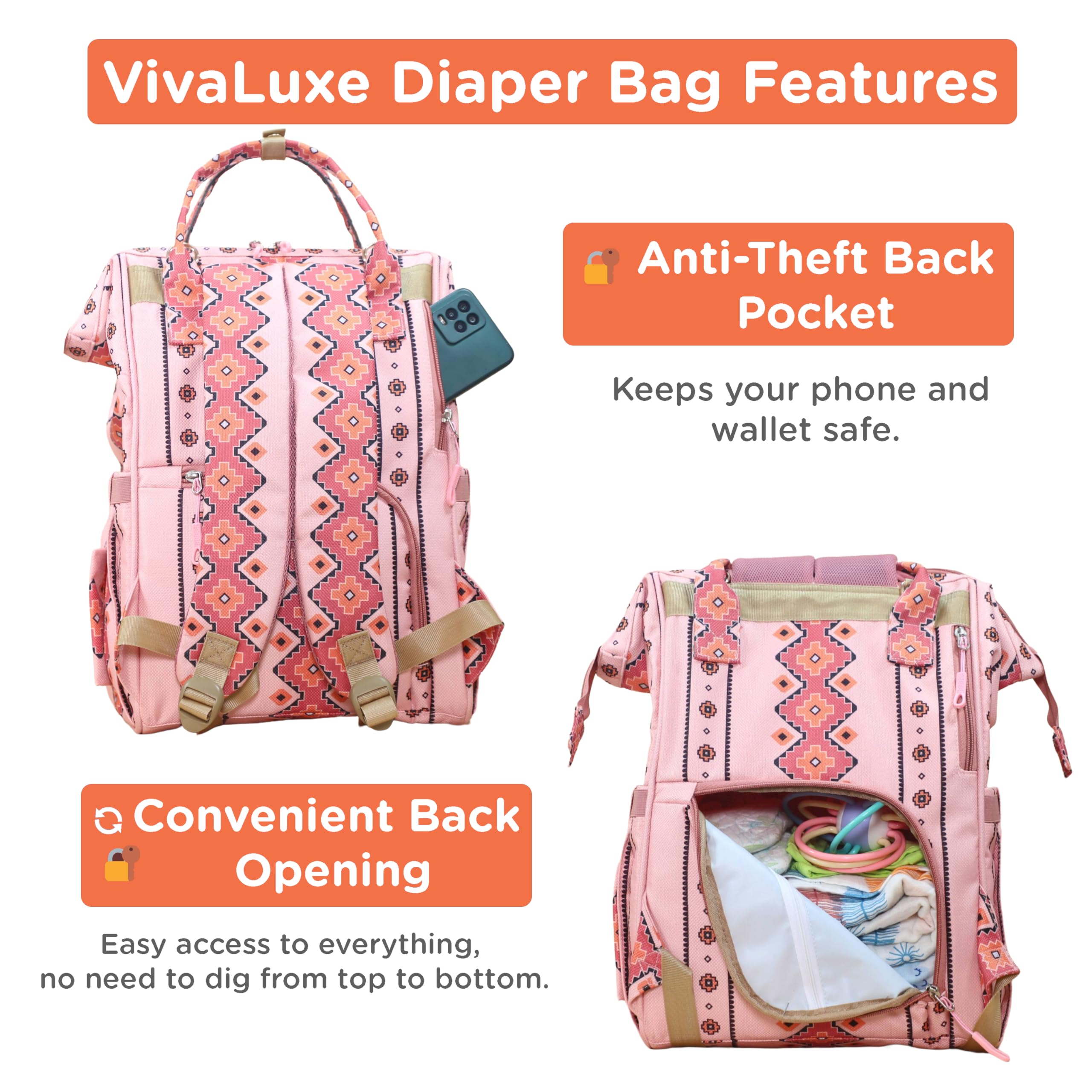 Motherly Patented Diaper Bag Backpack for Moms | Waterproof Baby Travel & Maternity Bag | Spacious Nappy Bag with Multiple Compartments, Insulated Bottle Pockets & Warranty (Ethnic Series, Pink)