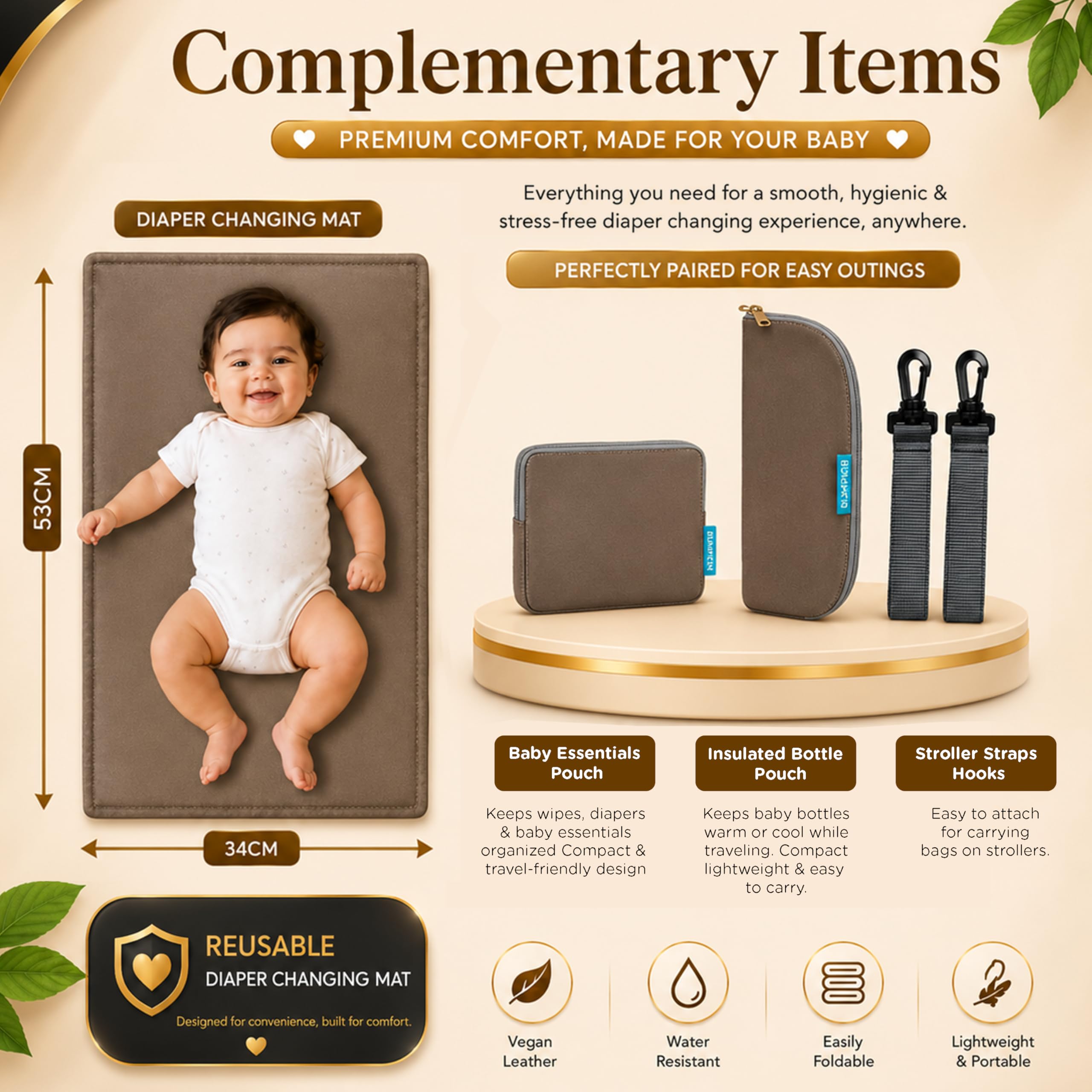 Motherly Patented Design Maternity Diaper Bag with Accessories | Waterproof Baby Travel Bag | Multi-Pocket Organizer for Newborn Essentials & Hospital Use (Envy Series) - Cream Brown