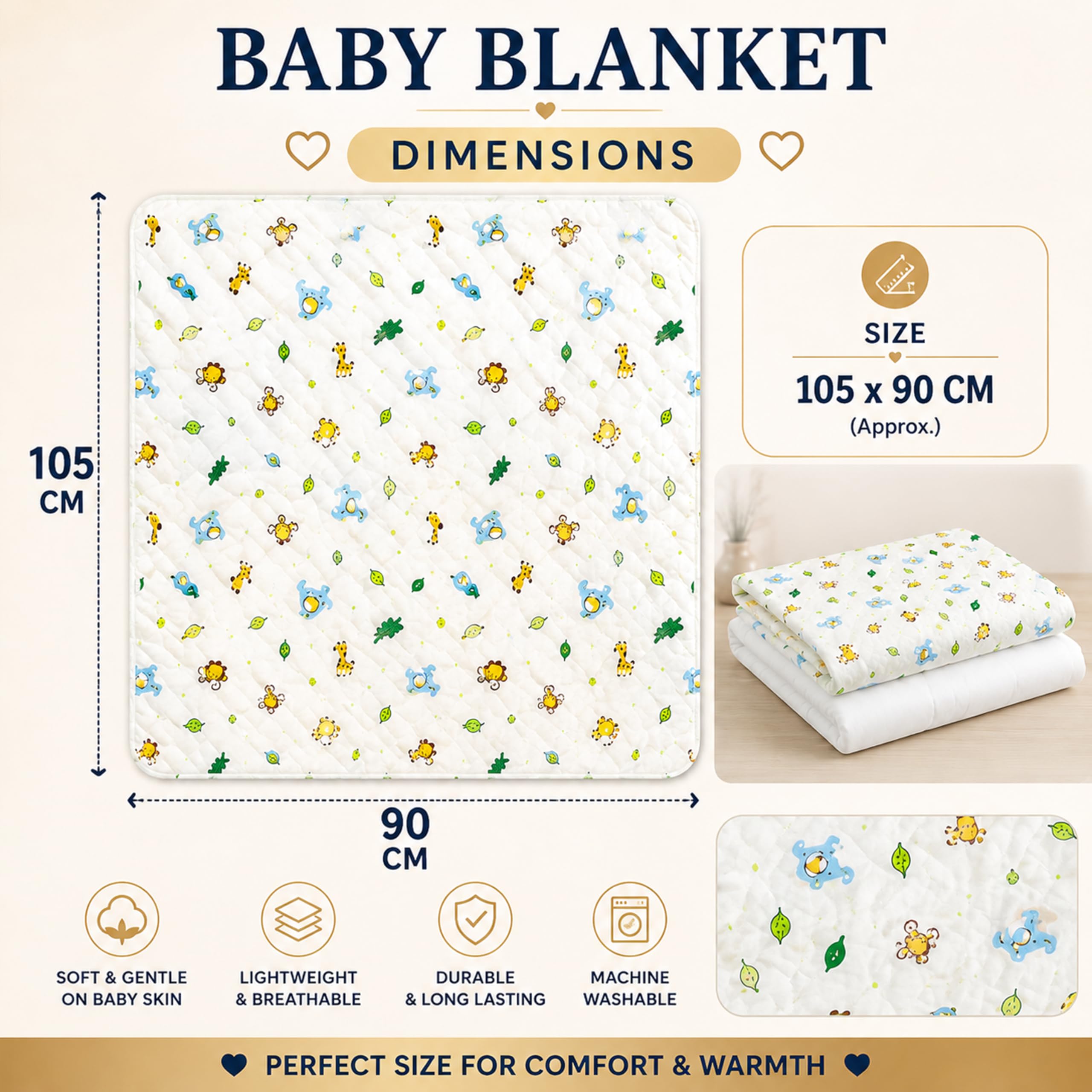 Motherly 100% Organic Cotton Reversible Quilted Flannel Winter Blanket, Baby Blanket with Inbuilt Quilt & Removable Cover, Breathable Ultrasoft AC Blanket for Baby Boy & Girl (190x105 cm) 0-24 Months
