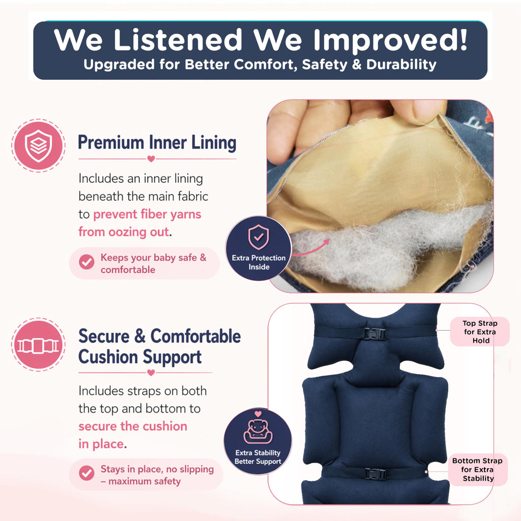 Motherly Baby Stroller Seat Cushion | Reversible and Universal Fit Pad for Strollers, High Chairs, Car Seats & Rockers | Soft, Breathable Pram Liner with Secure Straps & Safety Belt Slot - Car