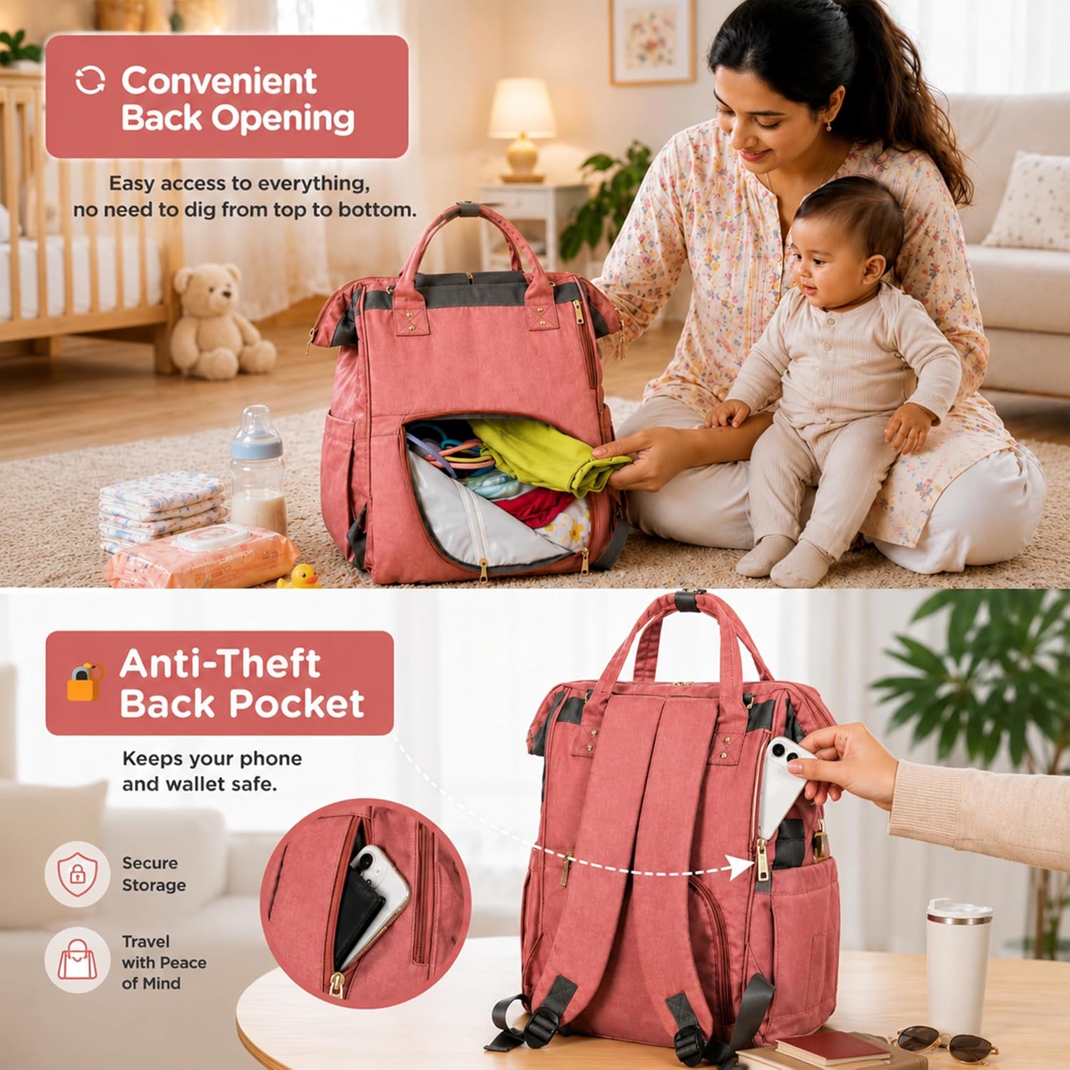 Motherly Patented Diaper Bag Backpack for Mothers | Waterproof Baby Travel & Maternity Bag | Multiple Compartments, Insulated Bottle Pockets, Warranty | Crown Series