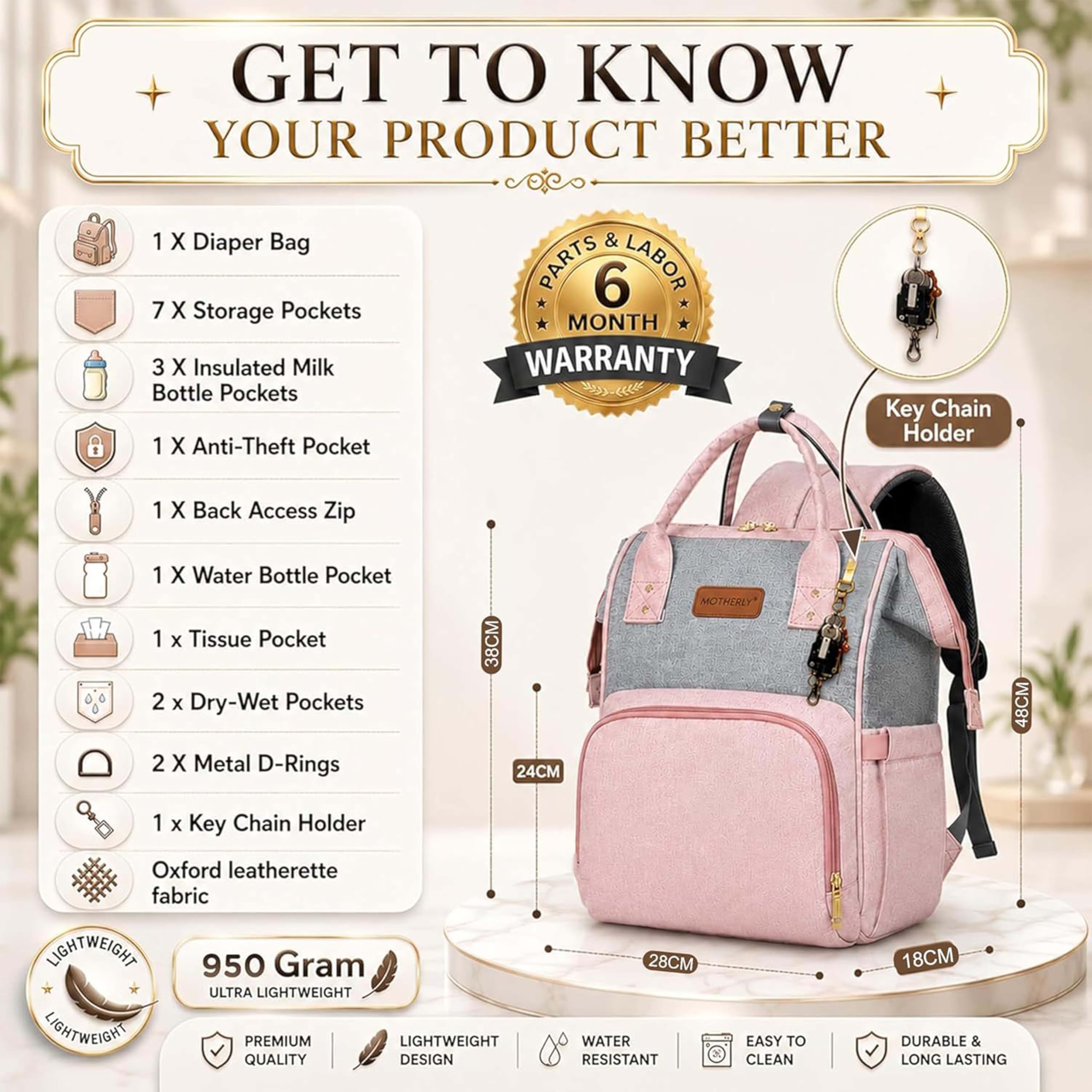 Motherly Patented Design Maternity Diaper Bag with Accessories | Waterproof Baby Travel Bag | Multi-Pocket Organizer for Newborn Essentials & Hospital Use (Envy Series) - Pink Grey
