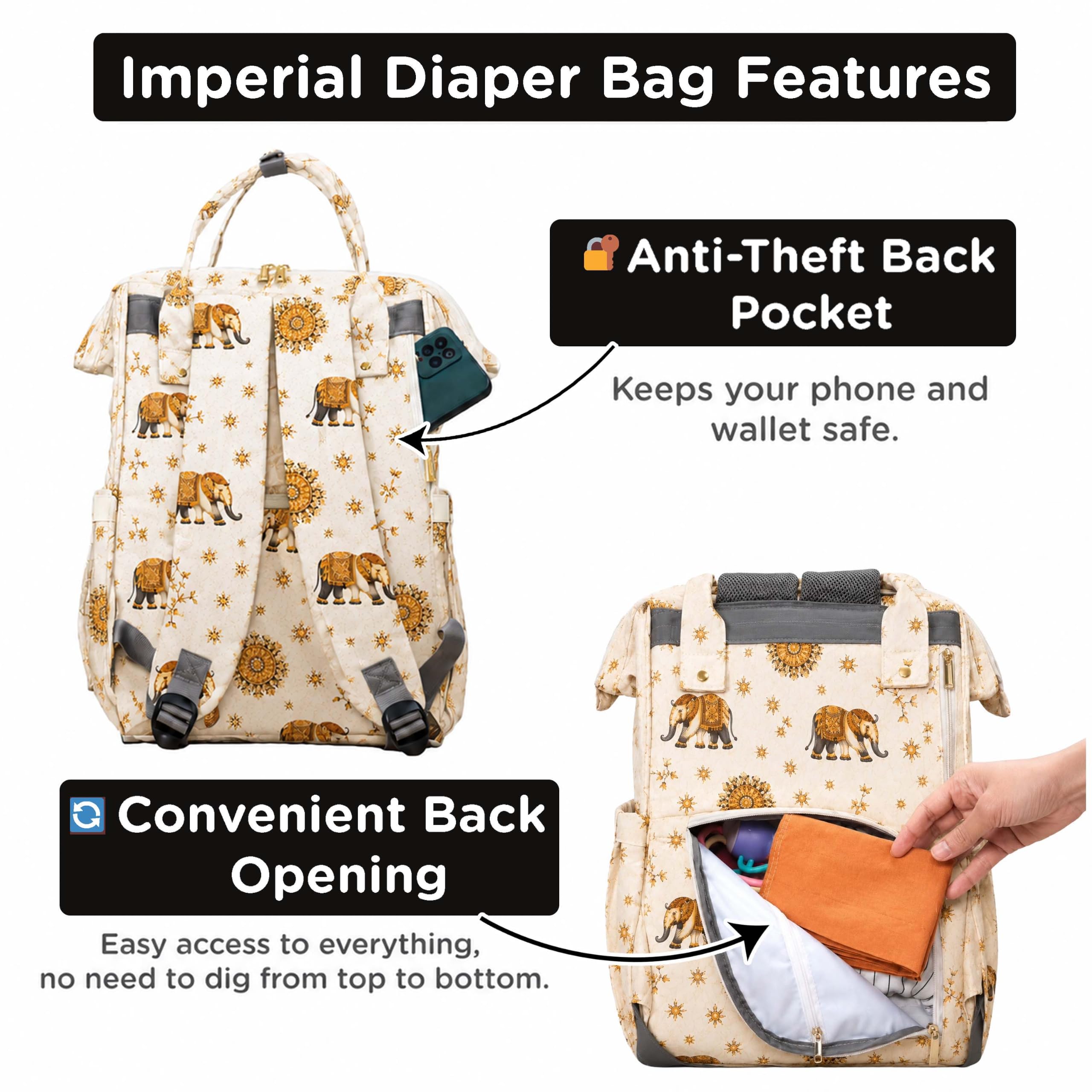 Motherly Imperial Diaper Bag Backpack | Elegant Elephant Print Maternity & Baby Travel Bag | Waterproof Diaper Bag with Insulated Pockets, Large Capacity & Premium Organization(Imperial Series, Cream)