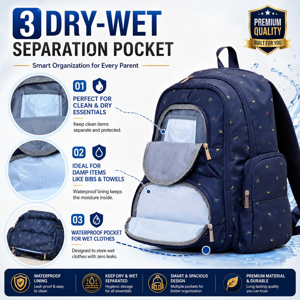 Motherly Elite Diaper Bag for Mothers for Travel, Maternity Bag for Newborn Baby, Mother Travelling Bag, Multiple Pocket Water Resistant Hospital Bag for moms with complimentary offers (Blue Flower)