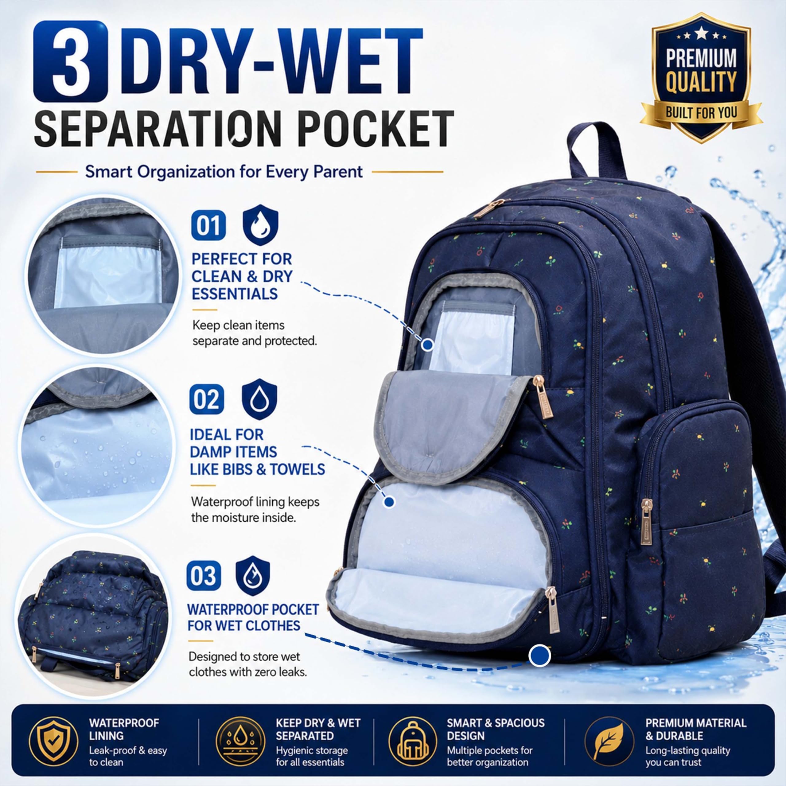 Motherly Elite Diaper Bag for Mothers for Travel, Maternity Bag for Newborn Baby, Mother Travelling Bag, Multiple Pocket Water Resistant Hospital Bag for moms with complimentary offers (Blue Flower)