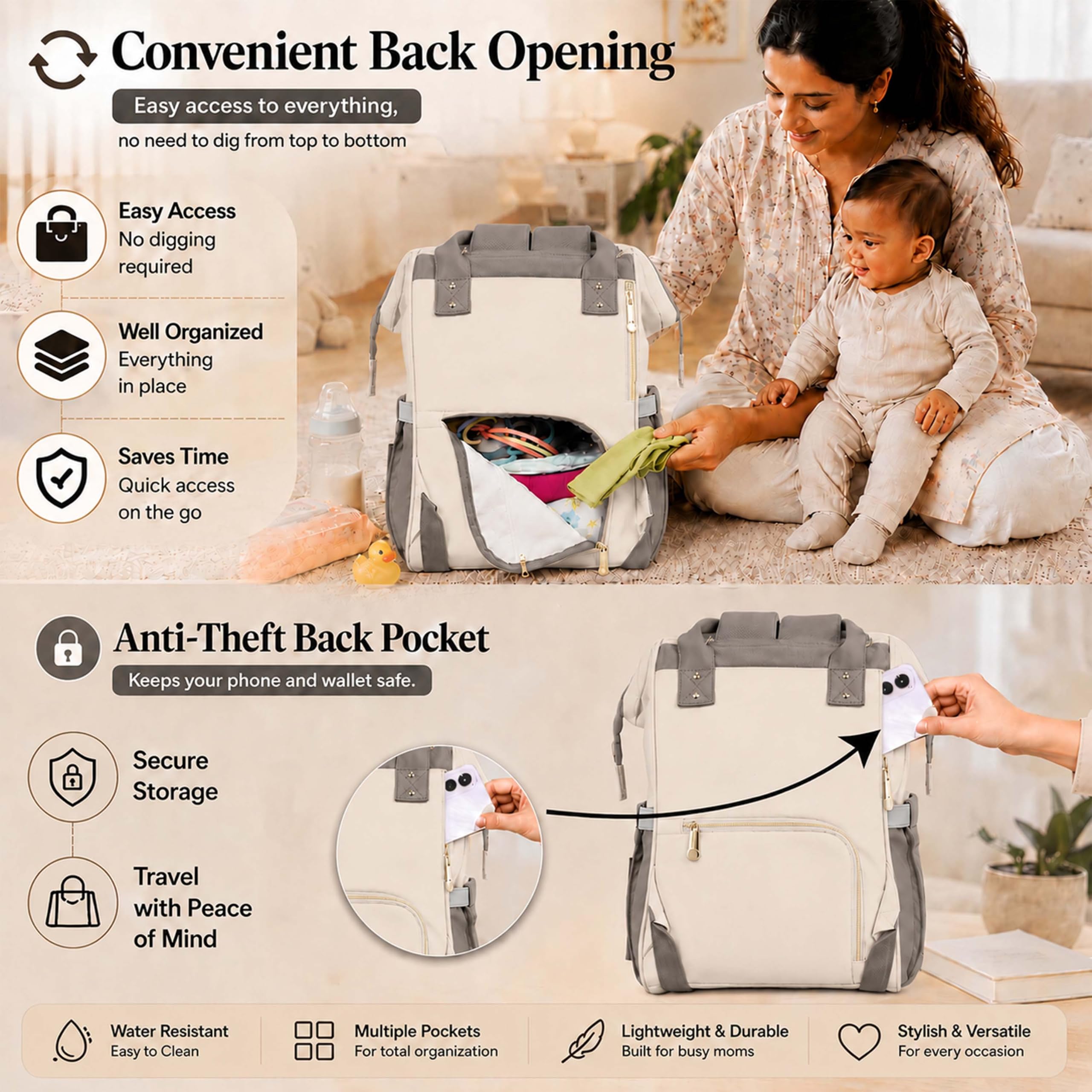 Motherly Patented Design Maternity Diaper Bag with Accessories | Waterproof Baby Travel Bag | Multi-Pocket Organizer for Newborn Essentials & Hospital Use (Envy Series) - Combo Cream Grey