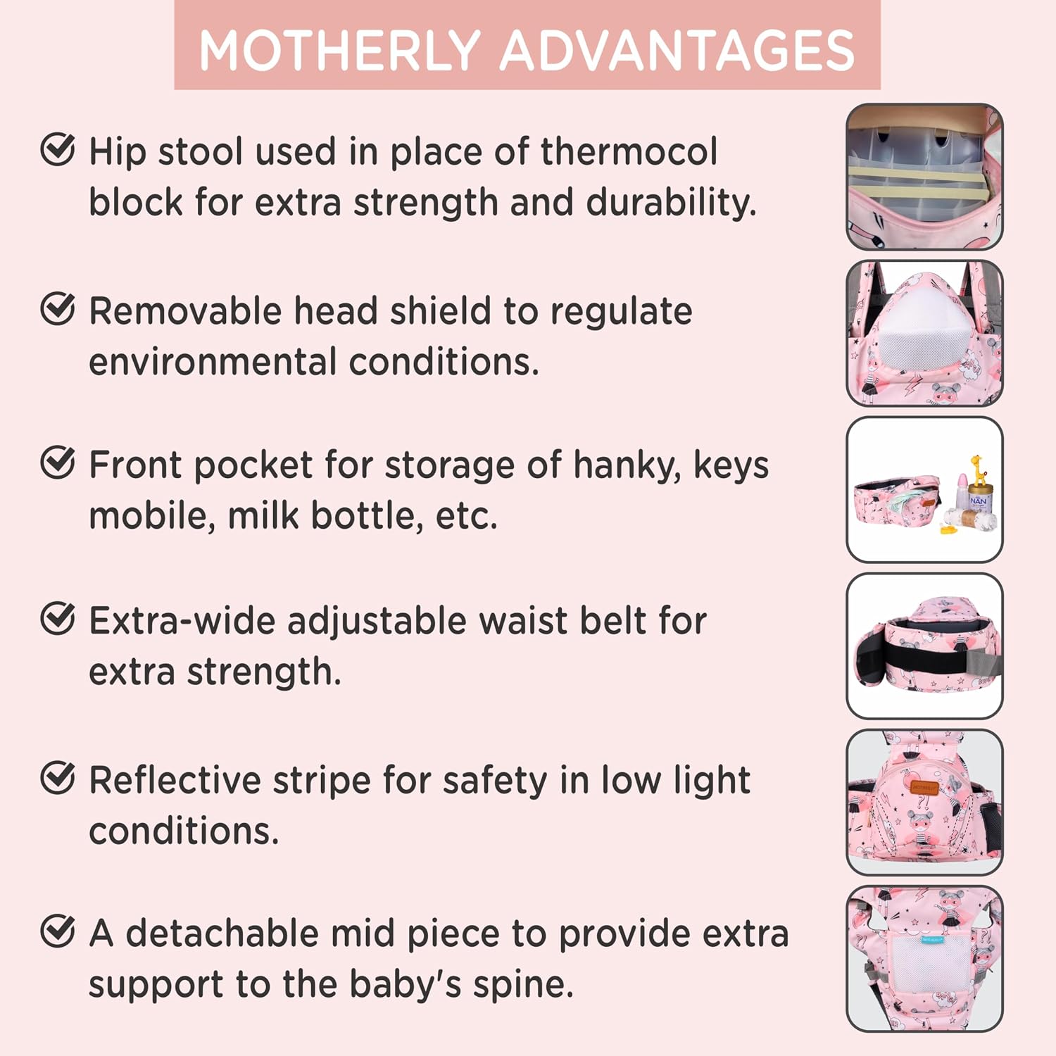 Motherly 6-in-1 Baby Carrier (0–3 Years) – Adjustable, Hands-Free Carrier with Hip Seat, Head Support & Buckle Strap