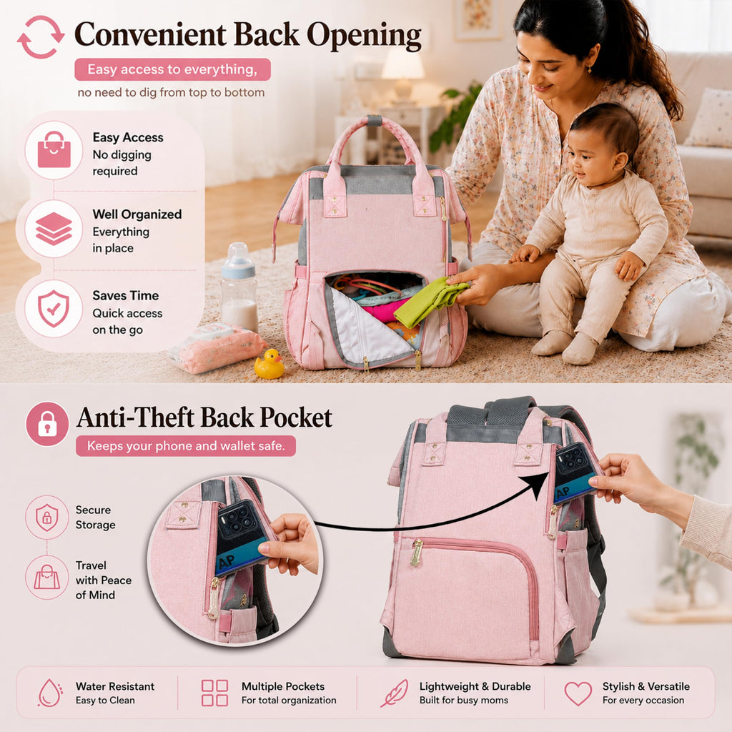Motherly Patented Design Maternity Diaper Bag with Accessories | Waterproof Baby Travel Bag | Multi-Pocket Organizer for Newborn Essentials & Hospital Use (Envy Series) - Pink Grey