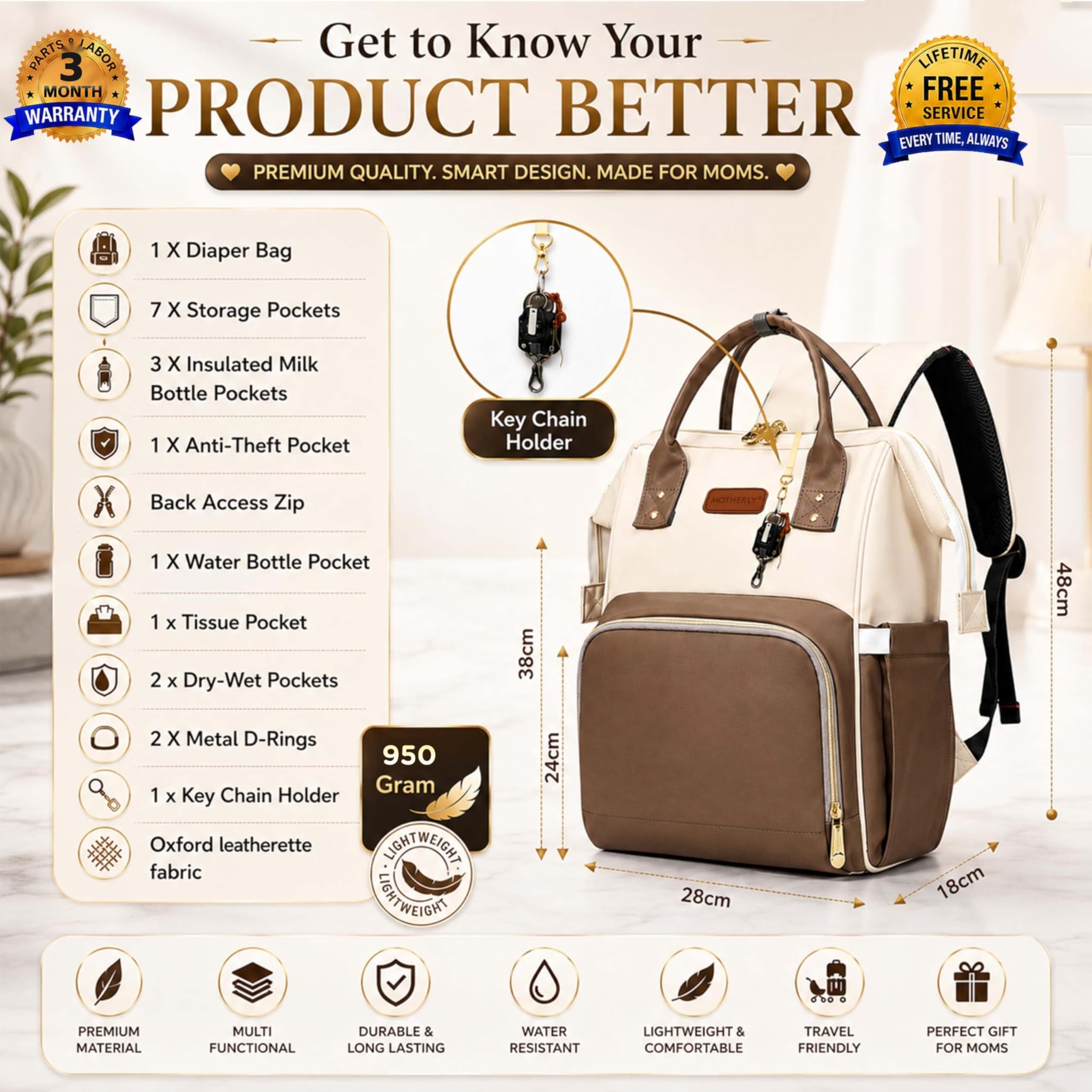 Motherly Patented Design Maternity Diaper Bag with Accessories | Waterproof Baby Travel Bag | Multi-Pocket Organizer for Newborn Essentials & Hospital Use (Envy Series) - Cream Brown