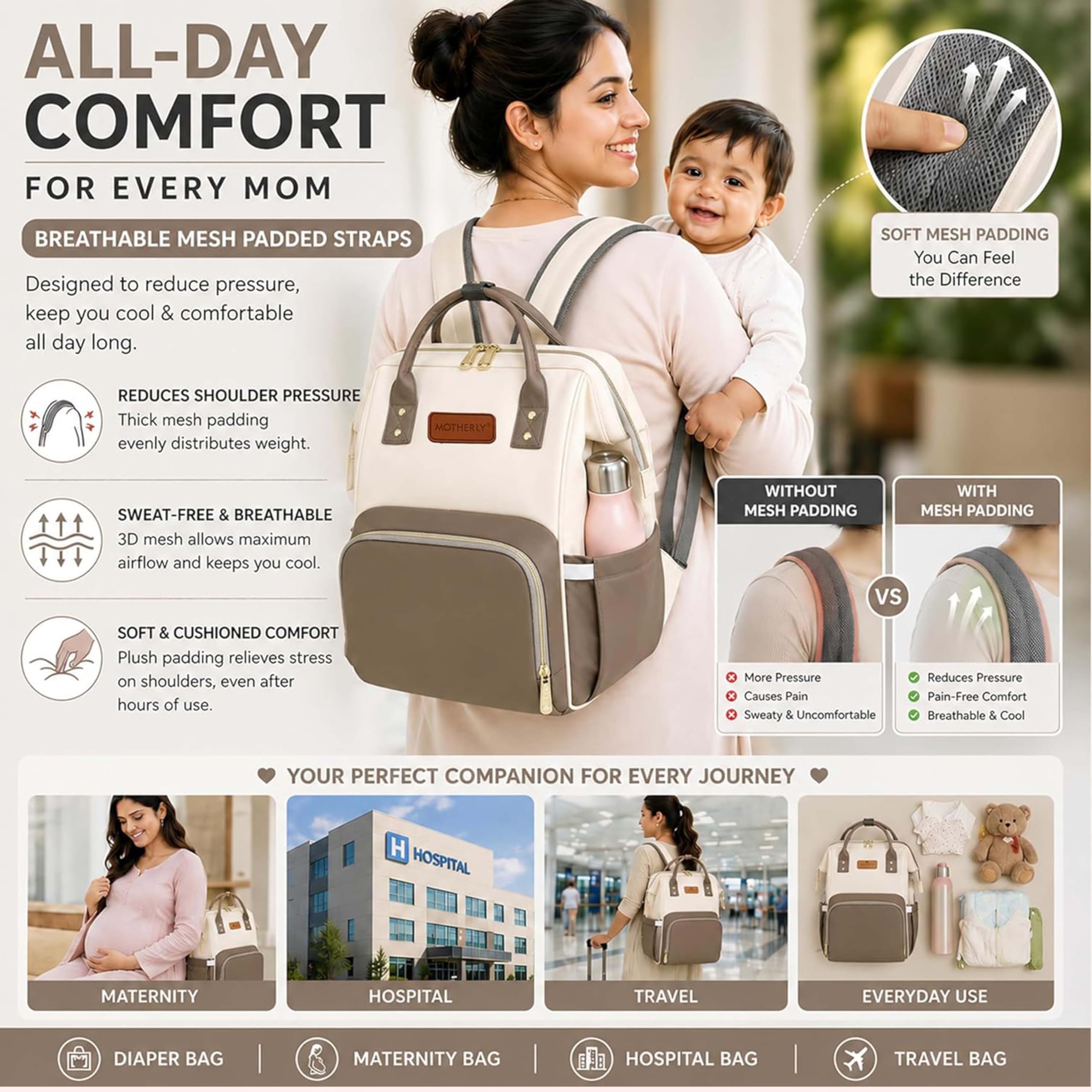Motherly Patented Design Maternity Diaper Bag with Accessories | Waterproof Baby Travel Bag | Multi-Pocket Organizer for Newborn Essentials & Hospital Use (Envy Series) - Cream Brown