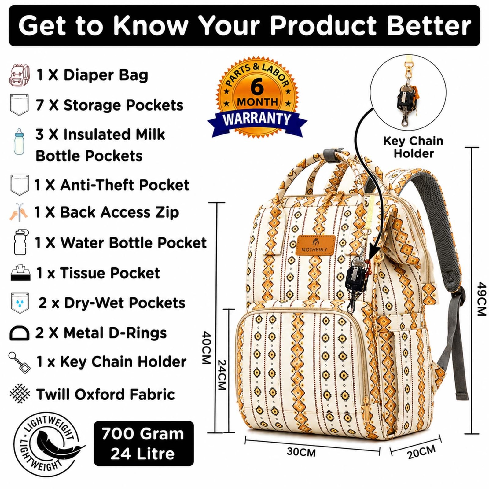 Motherly Patented Diaper Bag Backpack for Moms | Waterproof Baby Travel & Maternity Bag | Spacious Nappy Bag with Multiple Compartments, Insulated Bottle Pockets & Warranty (Ethnic Series, Cream))