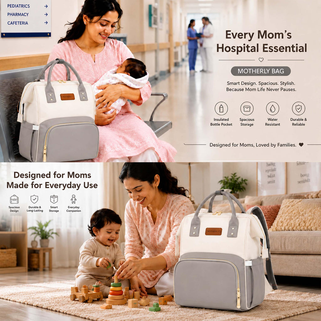 Motherly Patented Design Maternity Diaper Bag with Accessories | Waterproof Baby Travel Bag | Multi-Pocket Organizer for Newborn Essentials & Hospital Use (Envy Series) - Combo Cream Grey