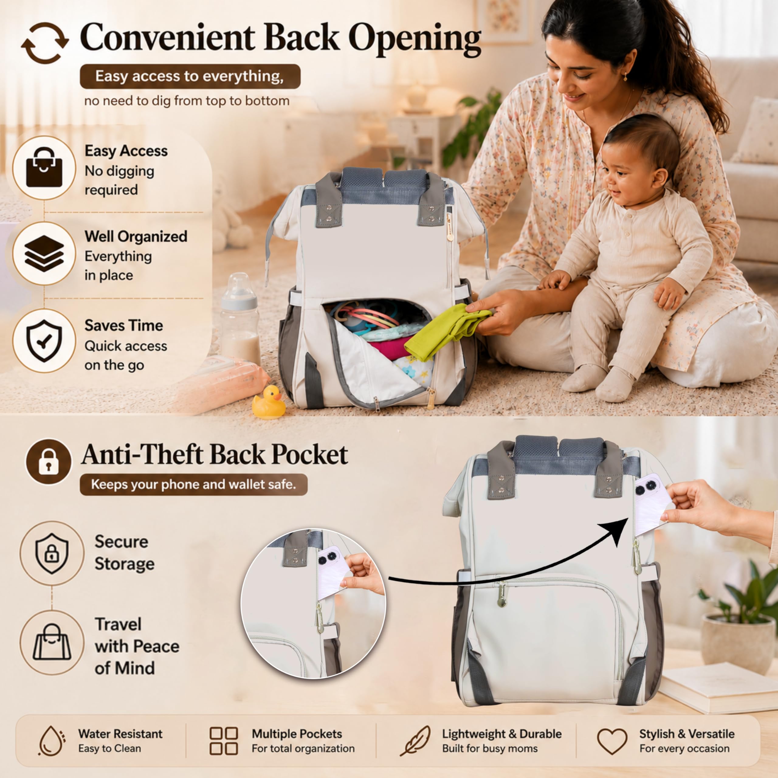 Motherly Patented Design Maternity Diaper Bag with Accessories | Waterproof Baby Travel Bag | Multi-Pocket Organizer for Newborn Essentials & Hospital Use (Envy Series) - Cream Brown