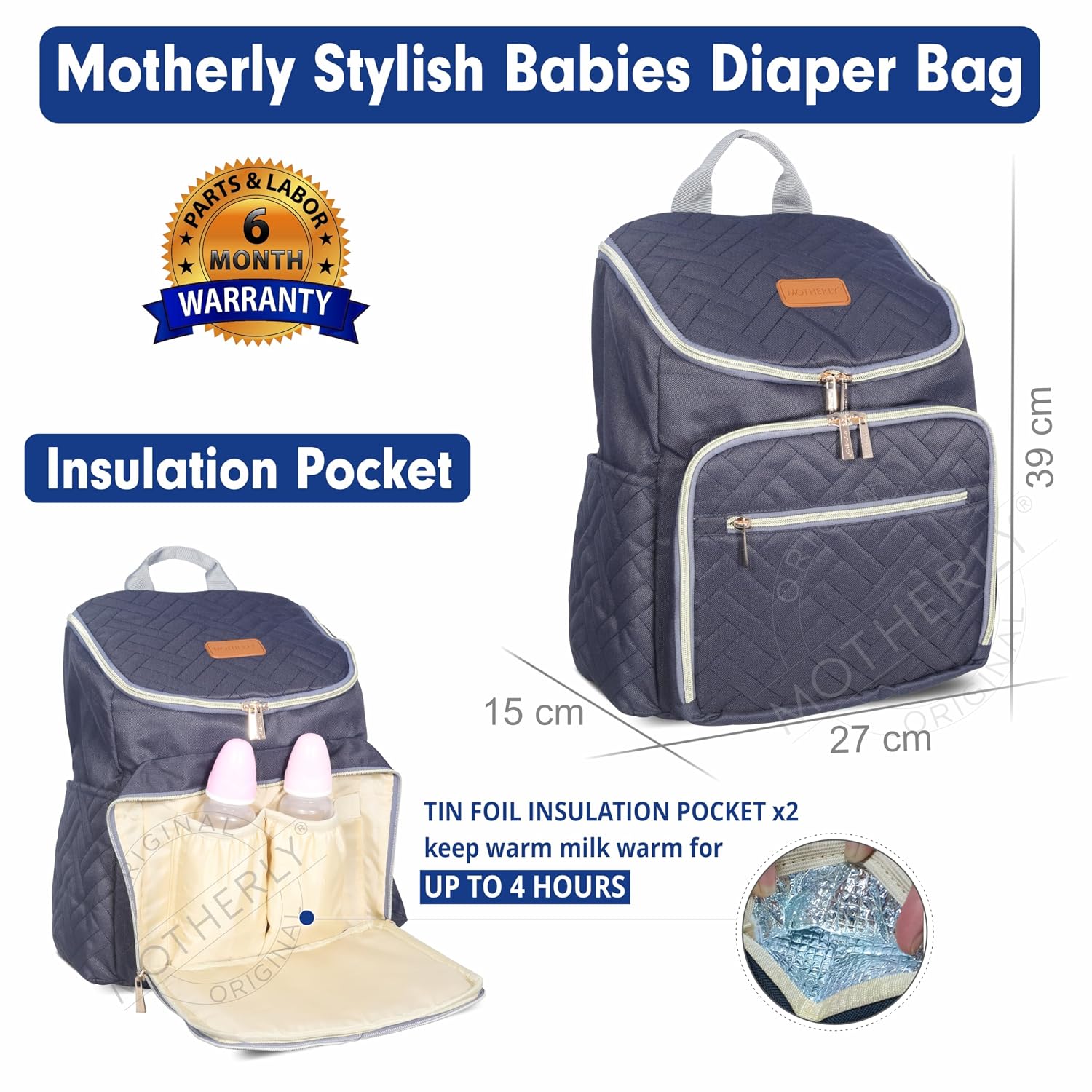 Motherly Diaper Quilted Diaper Bag for Mothers for Travel with Changing Mat - Spacious Diaper Bags for Mom | Baby Bag with Multi-Pocket Design | Maternity Bags for Mother and Baby