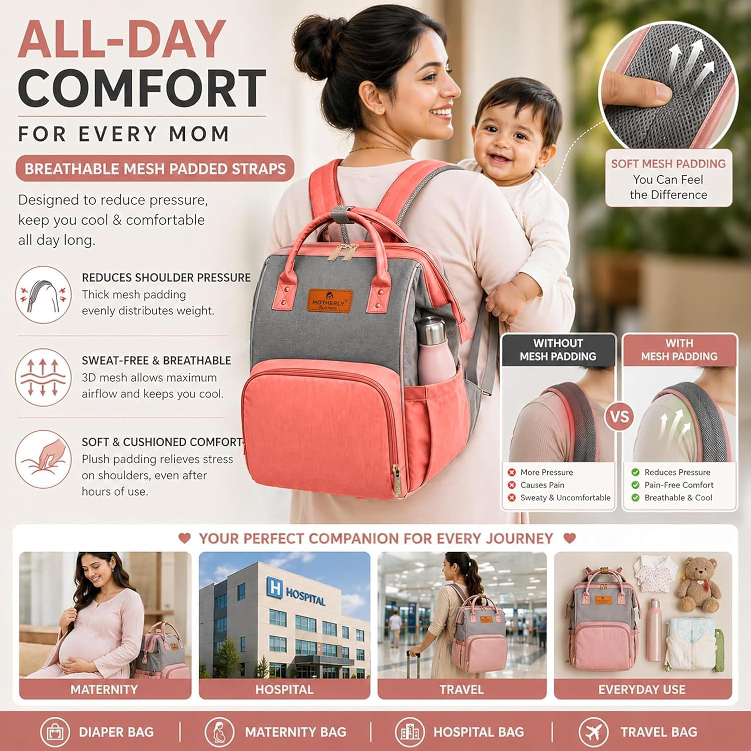 Motherly Crown Combo Melange Fabric Diaper Bag for Mothers for Travel With Warranty | Spacious Diaper Bags for Mom | baby bag for mother travel | Maternity Bags for Mother and Baby