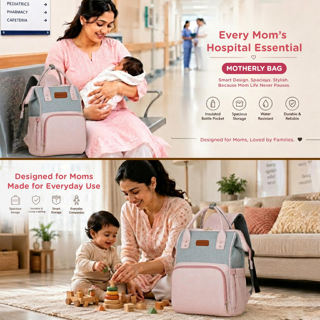Motherly Patented Design Maternity Diaper Bag with Accessories | Waterproof Baby Travel Bag | Multi-Pocket Organizer for Newborn Essentials & Hospital Use (Envy Series) - Pink Grey