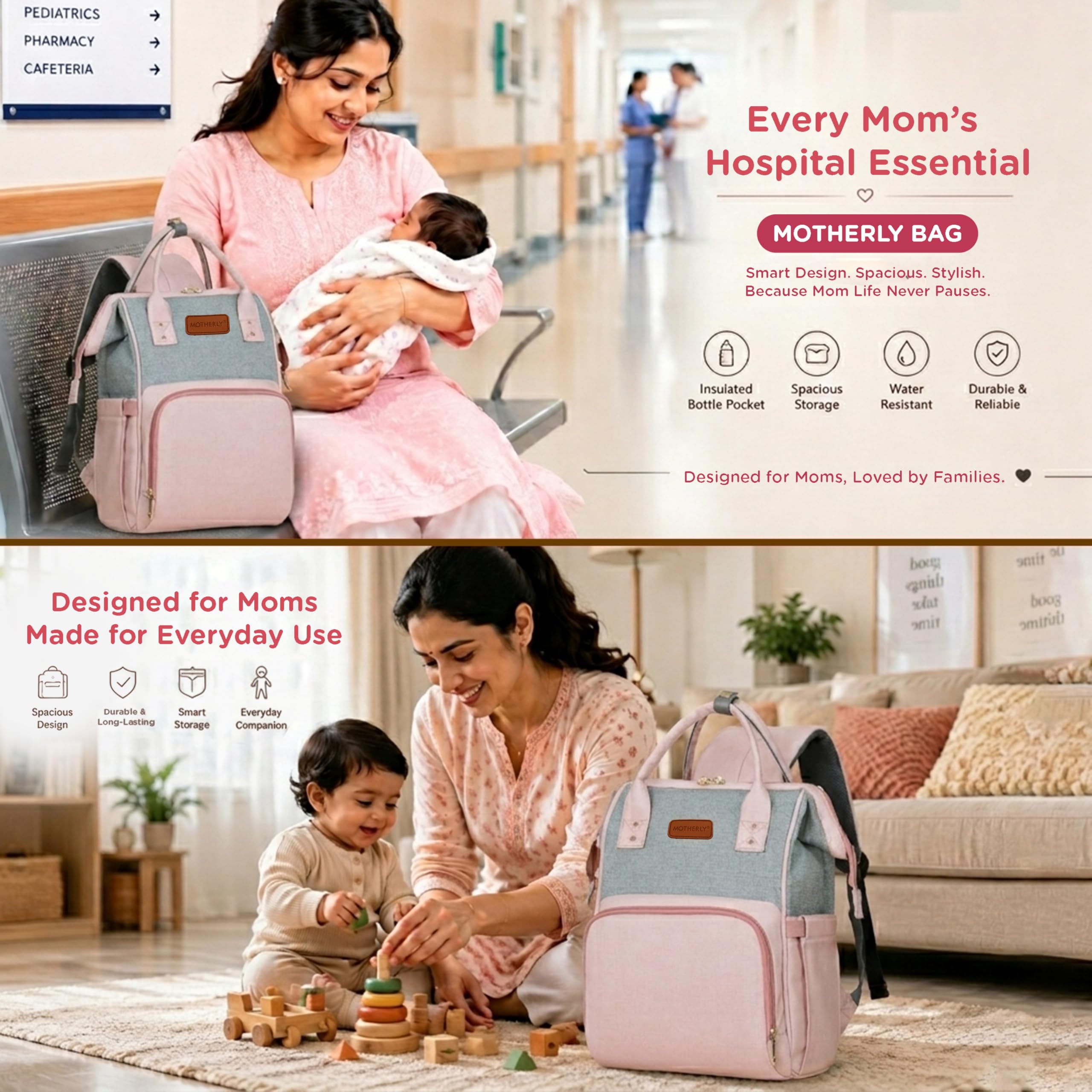 Motherly Patented Design Maternity Diaper Bag with Accessories | Waterproof Baby Travel Bag | Multi-Pocket Organizer for Newborn Essentials & Hospital Use (Envy Series) - Pink Grey