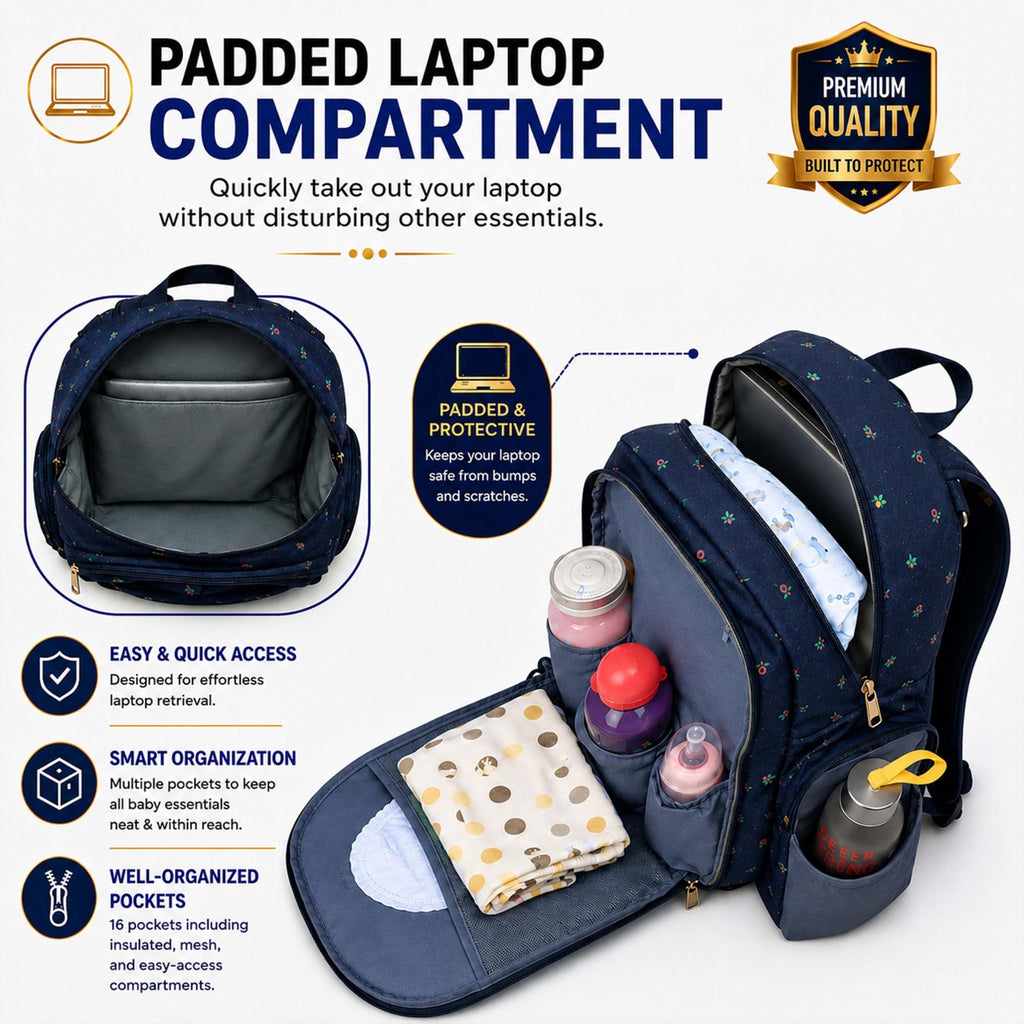 Motherly Elite Diaper Bag for Mothers for Travel, Maternity Bag for Newborn Baby, Mother Travelling Bag, Multiple Pocket Water Resistant Hospital Bag for moms with complimentary offers (Blue Flower)