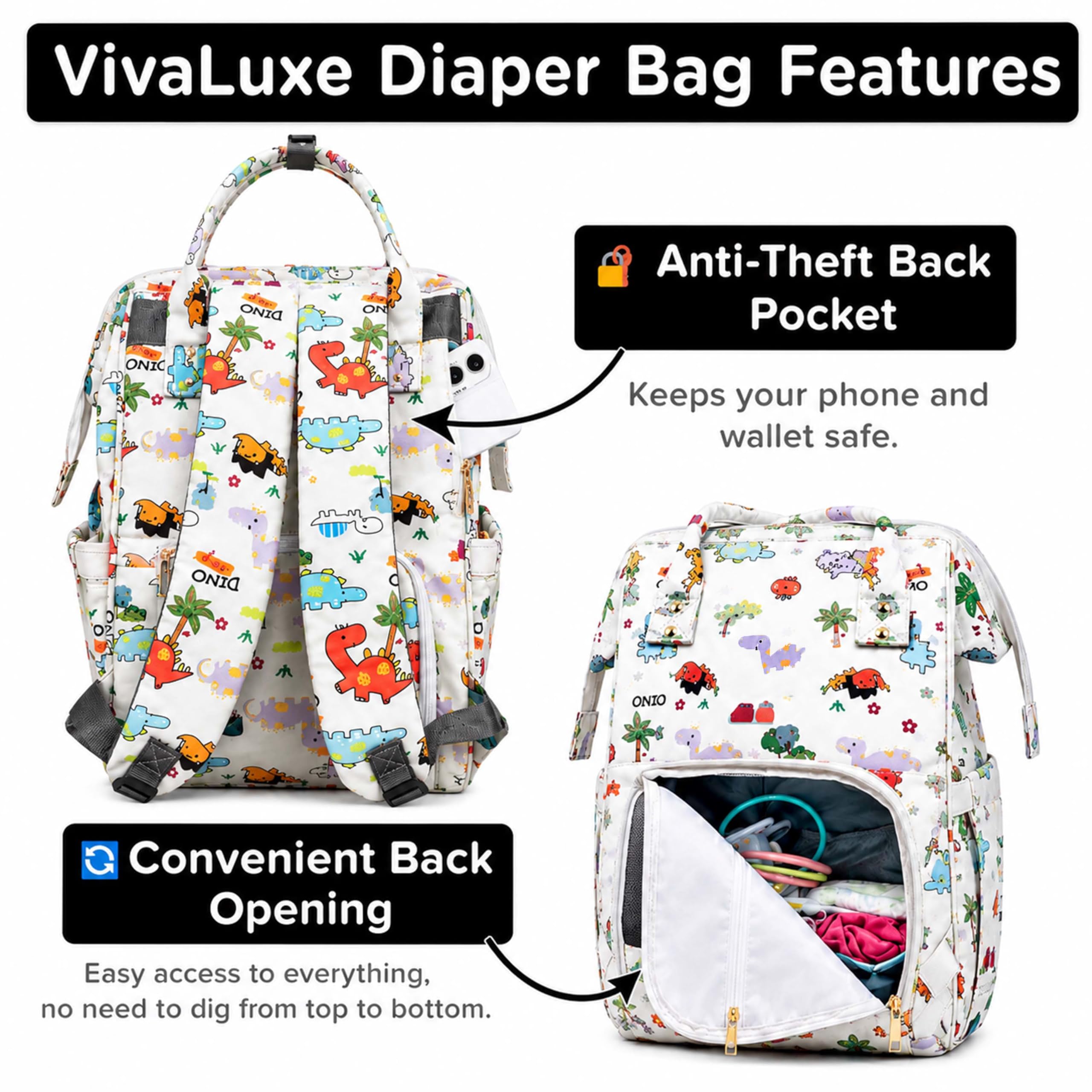 Motherly Patented Diaper Bag Backpack for Moms | Waterproof Baby Travel & Maternity Bag | Spacious Nappy Bag with Multiple Compartments, Insulated Bottle Pockets & Warranty (Kiddo Series, Dino)