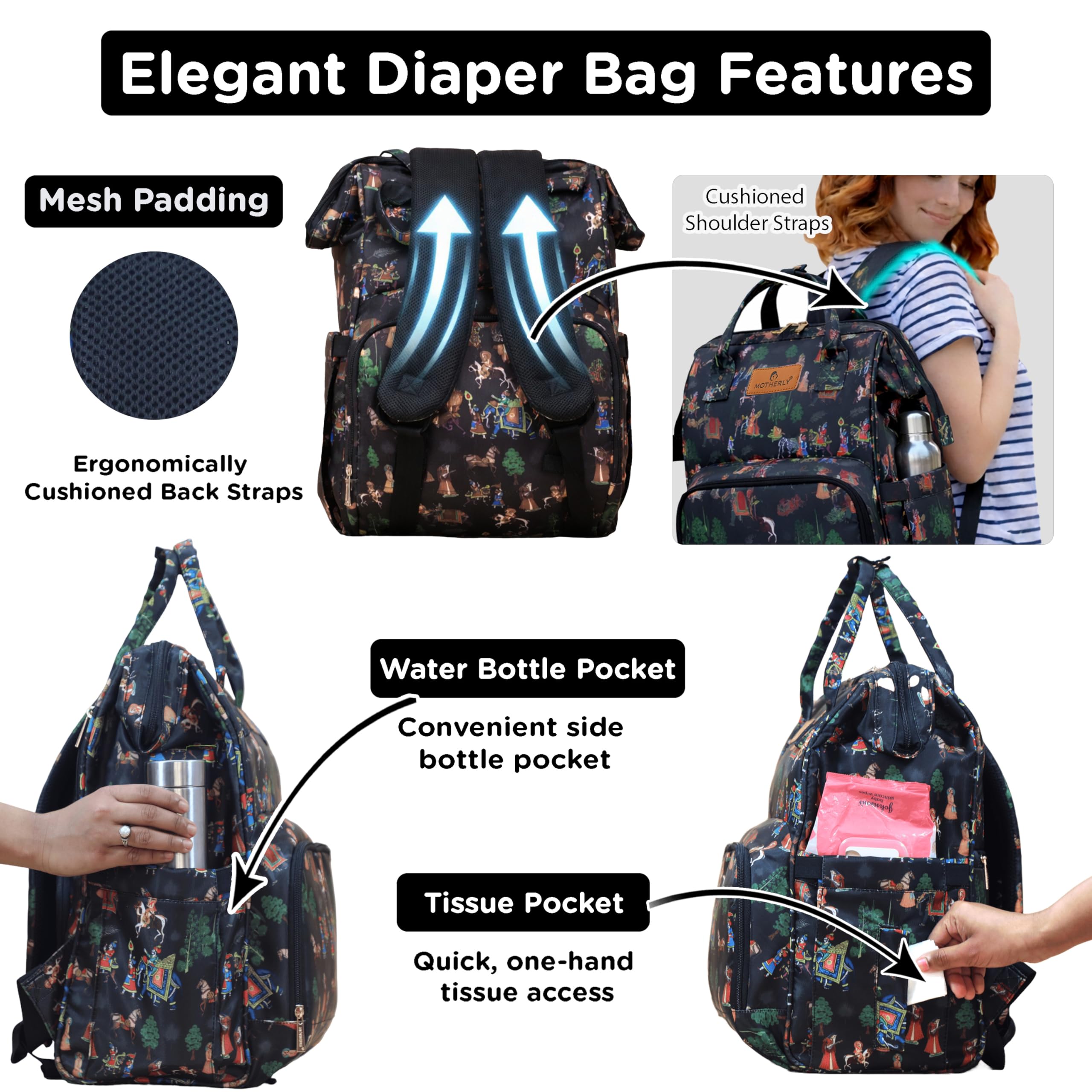Motherly Patented Diaper Bag Backpack for Moms | Waterproof Baby Travel & Maternity Bag | Spacious Nappy Bag with Insulated Bottle Pockets & Warranty  (Imperial Series, Black)