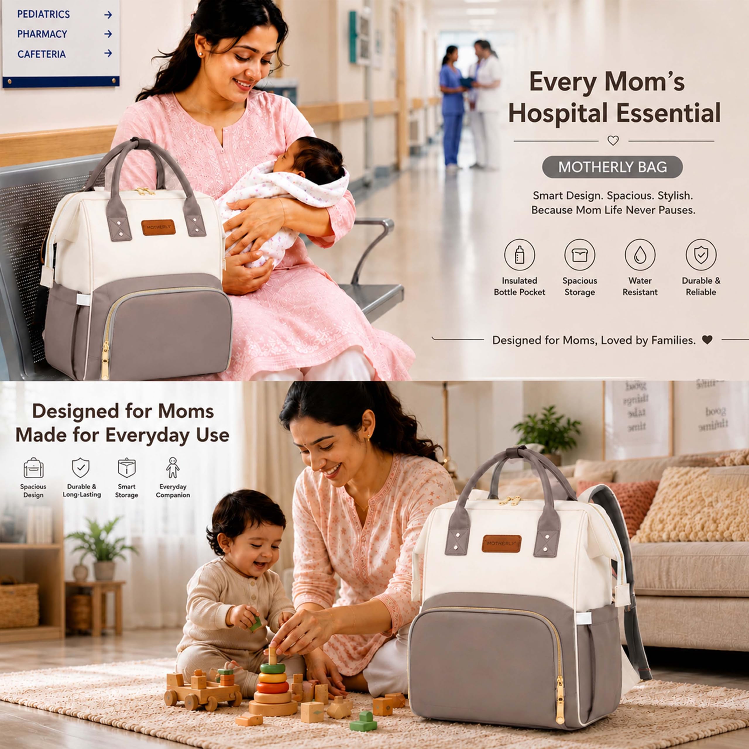 Motherly Patented Design Maternity Diaper Bag with Accessories | Waterproof Baby Travel Bag | Multi-Pocket Organizer for Newborn Essentials & Hospital Use (Envy Series) - Cream Grey