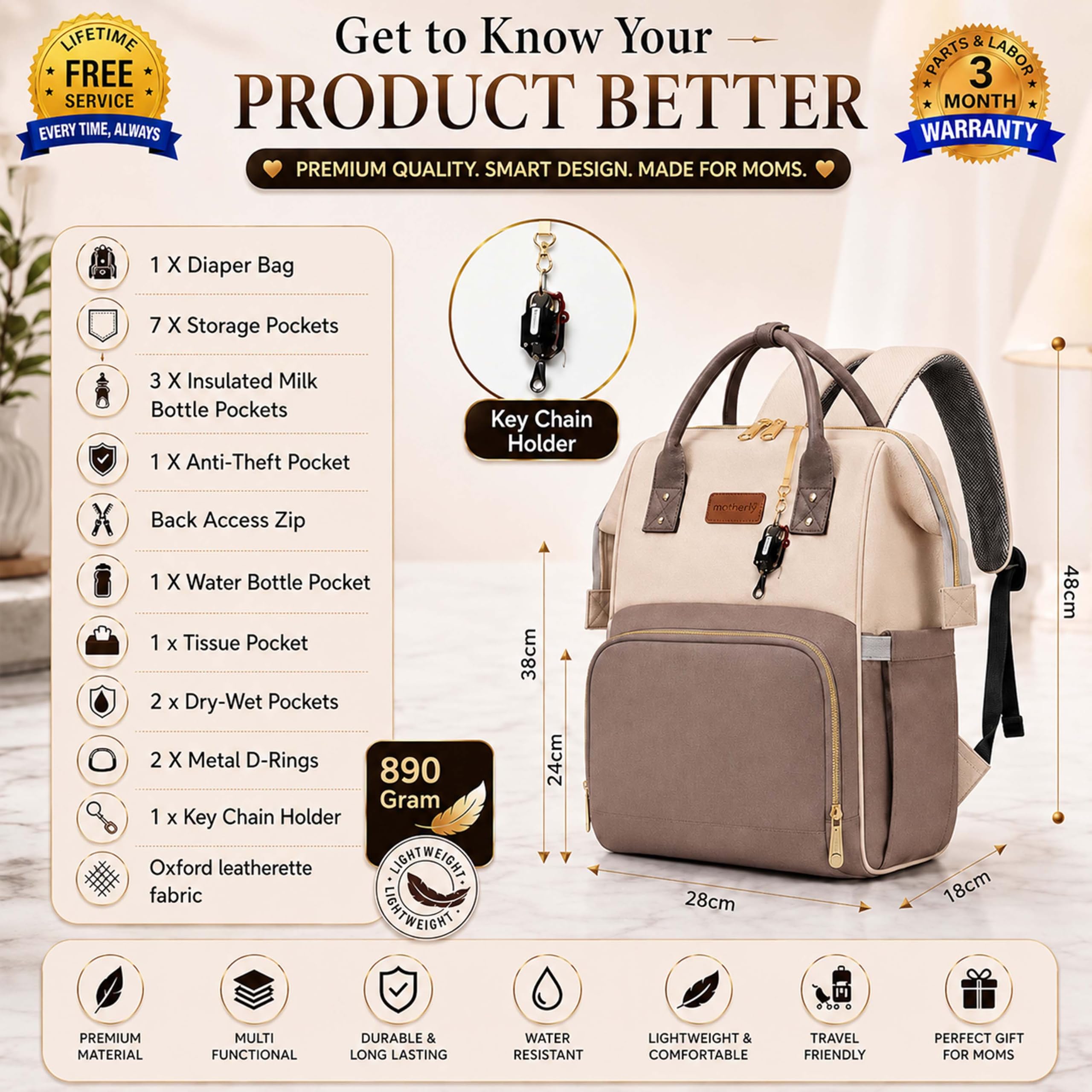 Motherly Patented Design Maternity Diaper Bag with Accessories | Waterproof Baby Travel Bag | Multi-Pocket Organizer for Newborn Essentials & Hospital Use (Envy Series) - Cream Grey