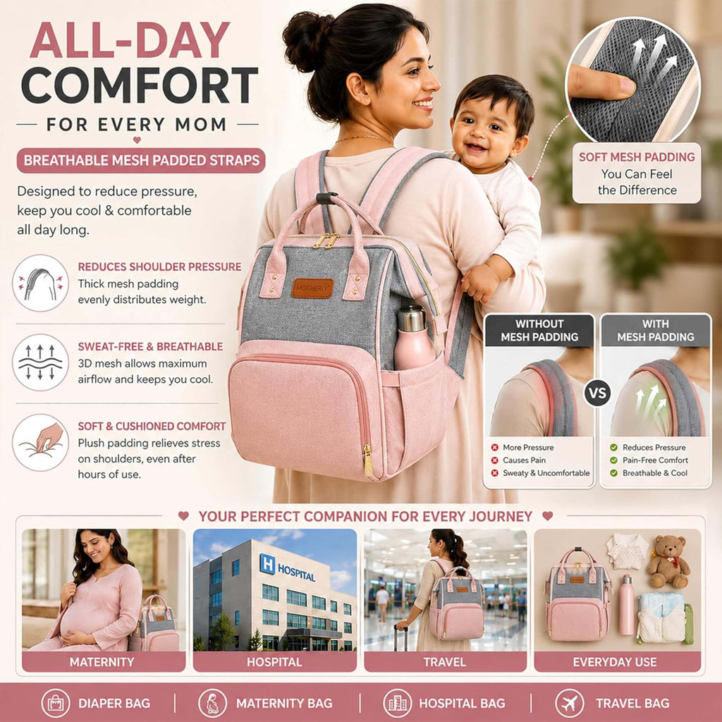 Motherly Patented Design Maternity Diaper Bag with Accessories | Waterproof Baby Travel Bag | Multi-Pocket Organizer for Newborn Essentials & Hospital Use (Envy Series) - Pink Grey