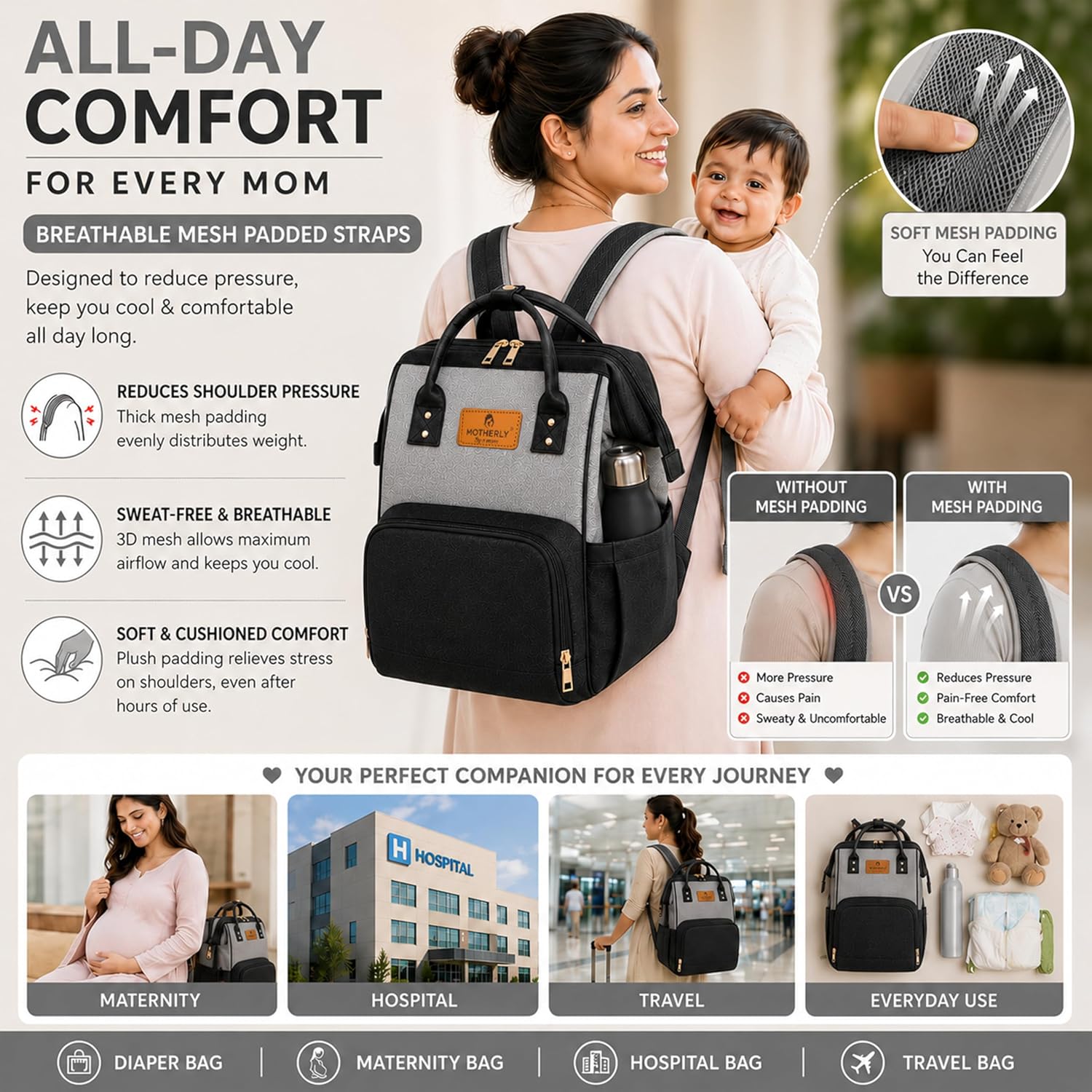 Motherly Crown Combo Melange Fabric Diaper Bag for Mothers for Travel With Warranty | Spacious Diaper Bags for Mom | baby bag for mother travel | Maternity Bags for Mother and Baby