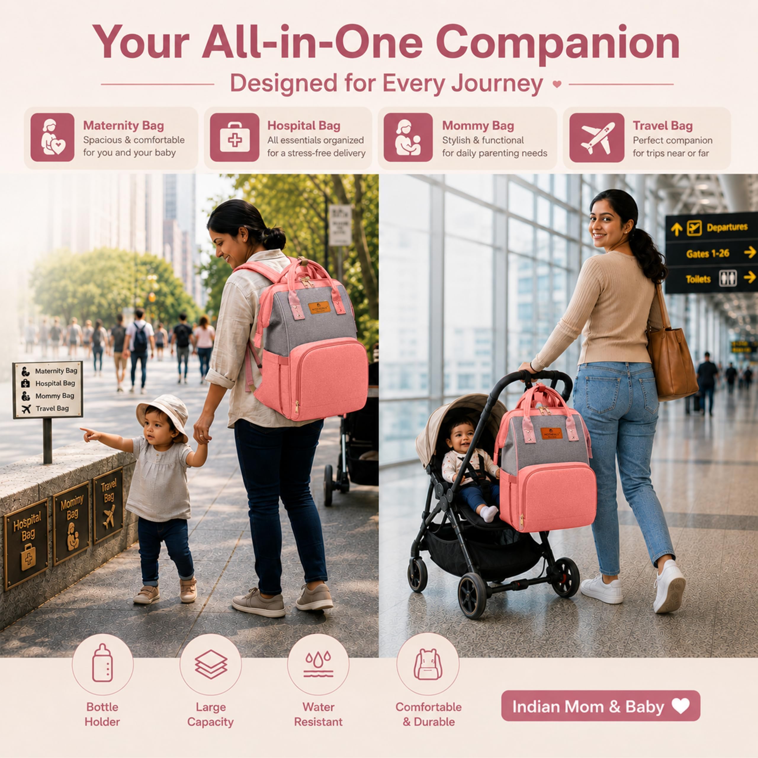 Motherly Patented Diaper Bag Backpack for Mothers | Waterproof Baby Travel & Maternity Bag | Multiple Compartments, Insulated Bottle Pockets, Warranty | Crown Series
