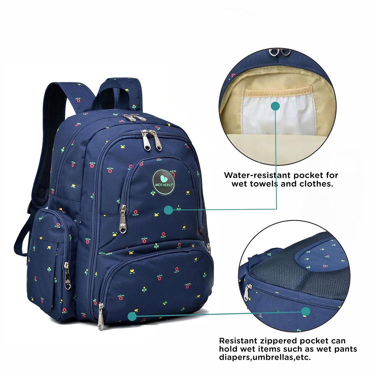 Motherly Elite Diaper Bag for Moms – with Bottle Bag, Changing Mat & Stroller Hooks (Blue Flower)
