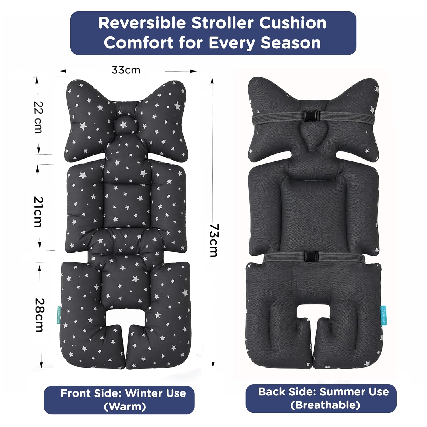 Motherly Baby Stroller Seat Cushion | Reversible and Universal Fit Pad for Strollers, High Chairs, Car Seats & Rockers | Soft, Breathable Pram Liner with Secure Straps & Safety Belt Slot - white-star