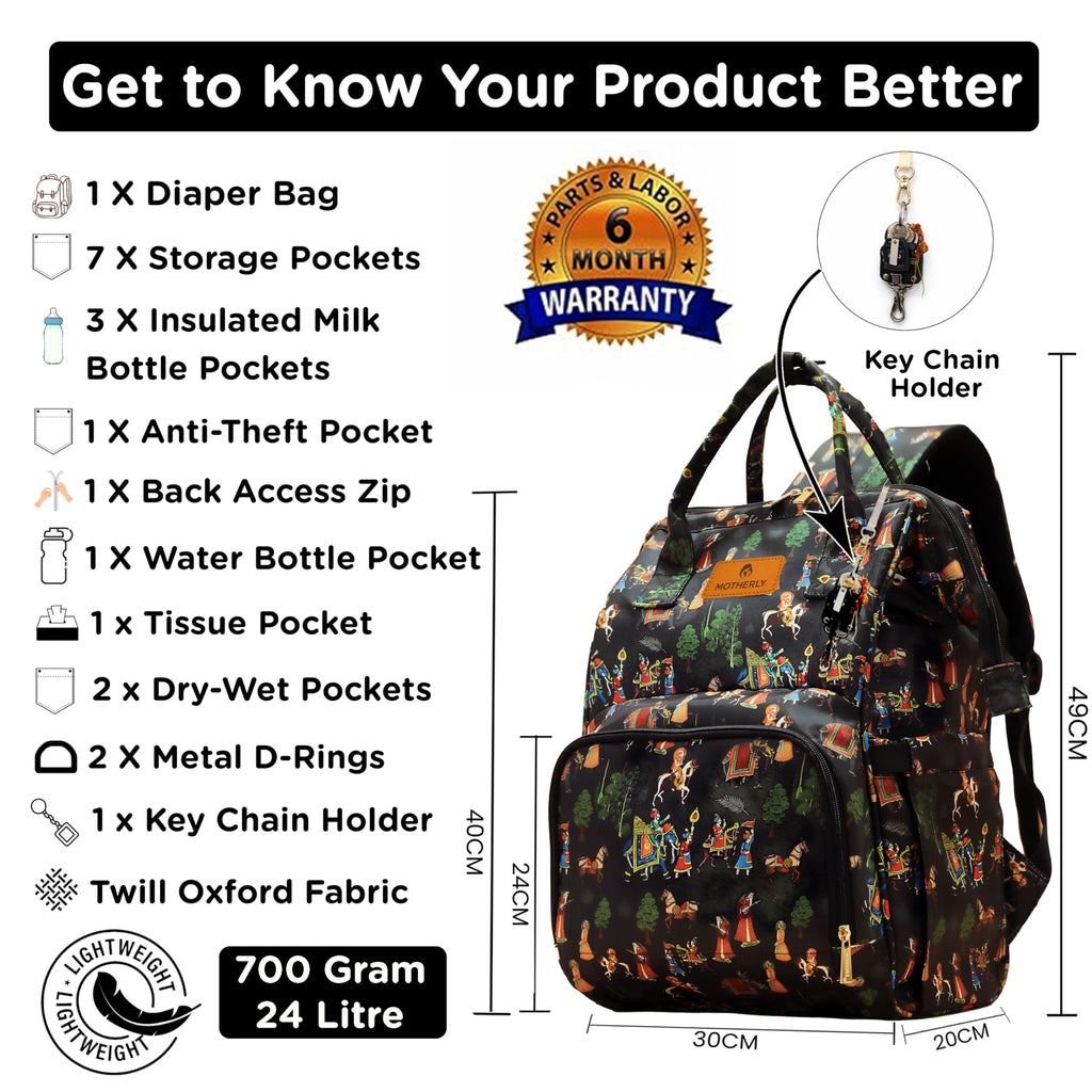 Motherly Patented Diaper Bag Backpack for Moms | Waterproof Baby Travel & Maternity Bag | Spacious Nappy Bag with Insulated Bottle Pockets & Warranty  (Imperial Series, Black)