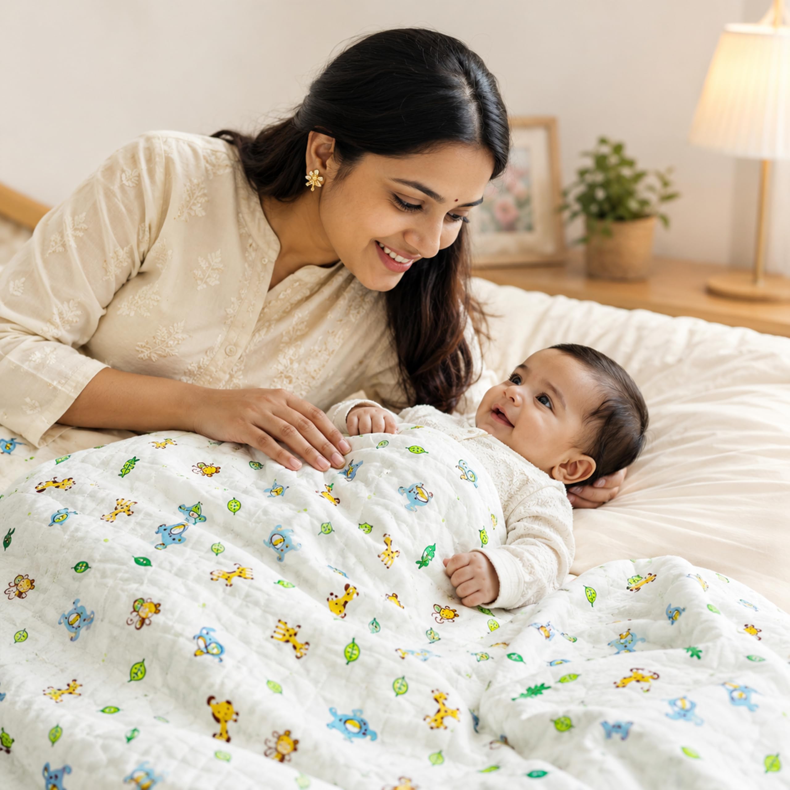 Motherly 100% Organic Cotton Reversible Quilted Flannel Winter Blanket, Baby Blanket with Inbuilt Quilt & Removable Cover, Breathable Ultrasoft AC Blanket for Baby Boy & Girl (190x105 cm) 0-24 Months