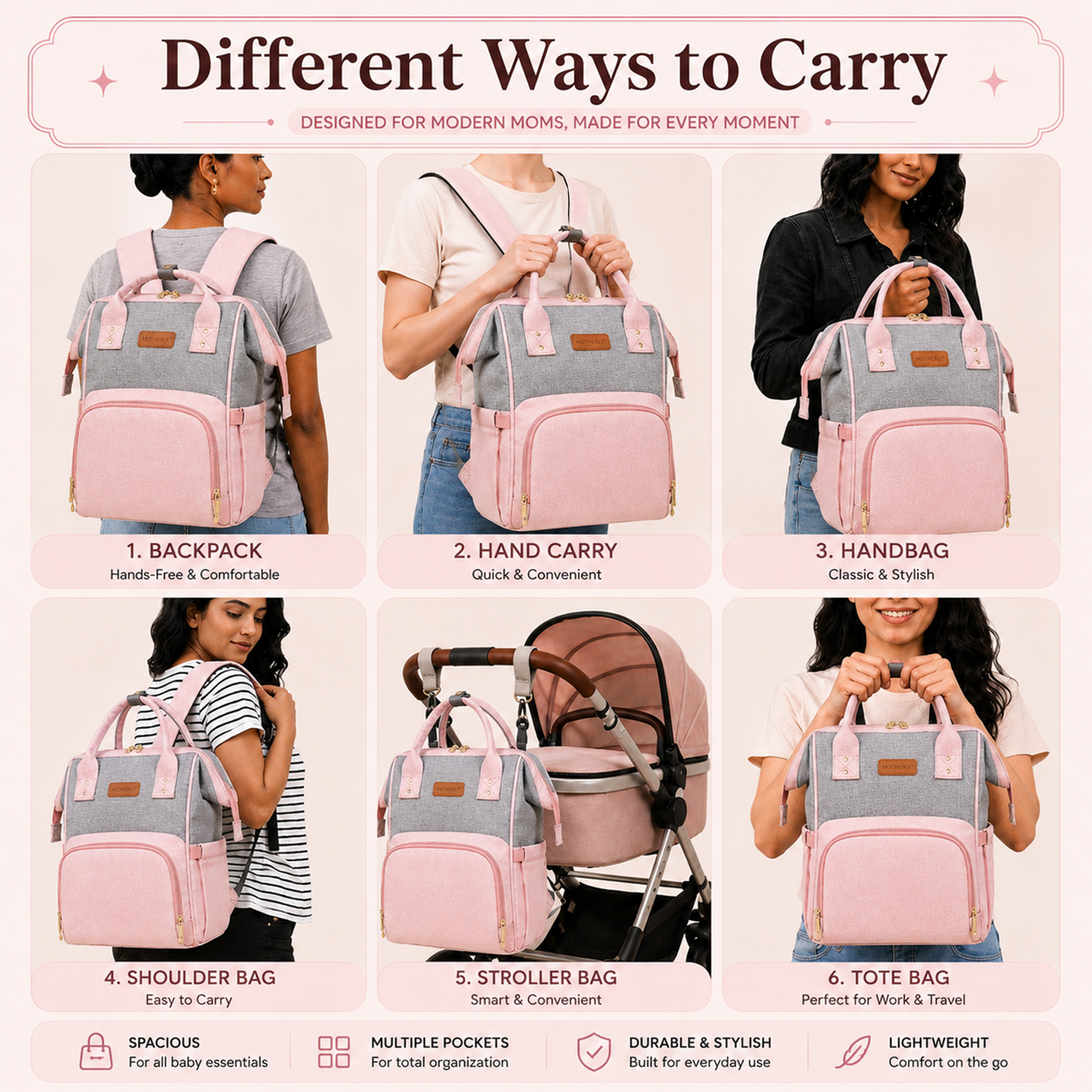 Motherly Envy Diaper Bag for Moms – Spacious, Waterproof Travel & Maternity Bag with Accessories