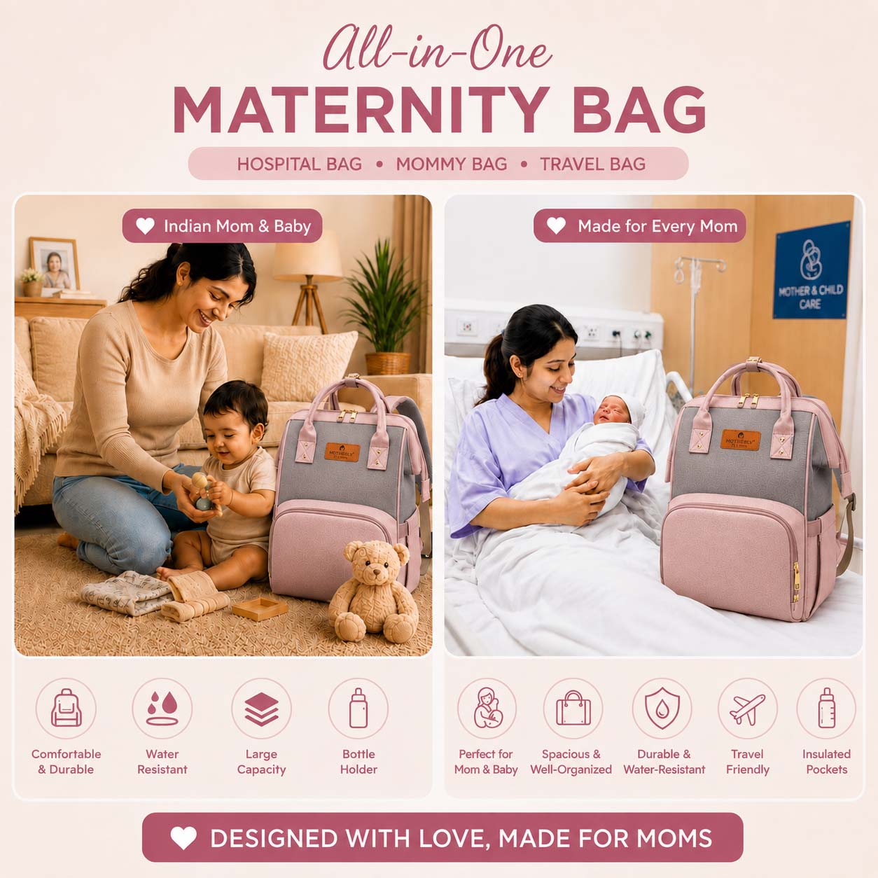Motherly Crown Melange Fabric Diaper Bag for Travel & Maternity, Multipocket Water-Resistant Hospital Organizer for Newborn Moms with Warranty