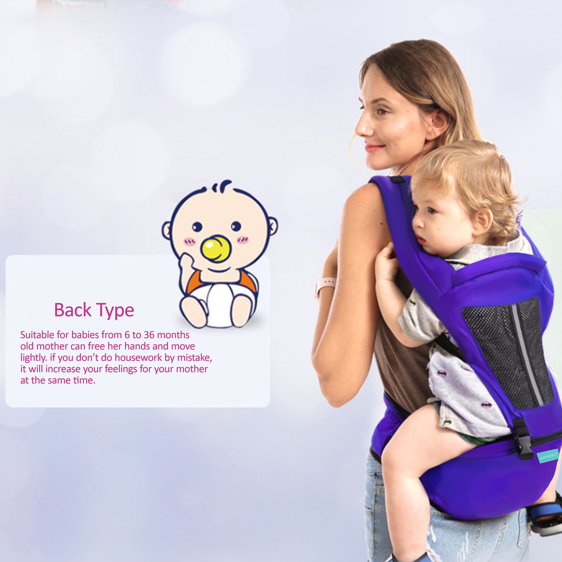 Motherly 2-in-1 Baby Carrier Bag for 6 to 36 Months - Kangaroo Style with Hip Seat for Comfort Carrying - MOTHERLY