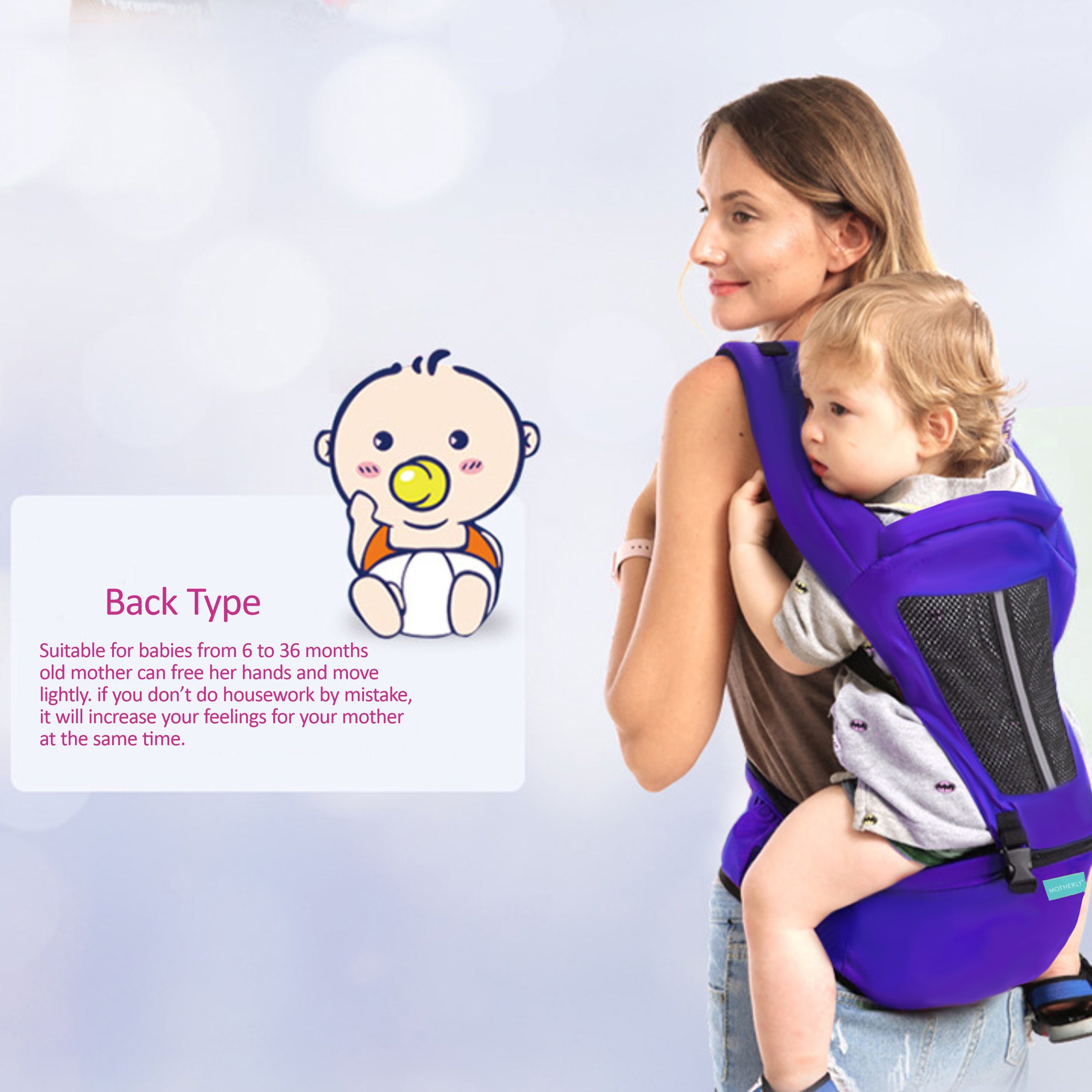Motherly 2-in-1 Baby Carrier Bag for 6 to 36 Months - Kangaroo Style with Hip Seat for Comfort Carrying - MOTHERLY