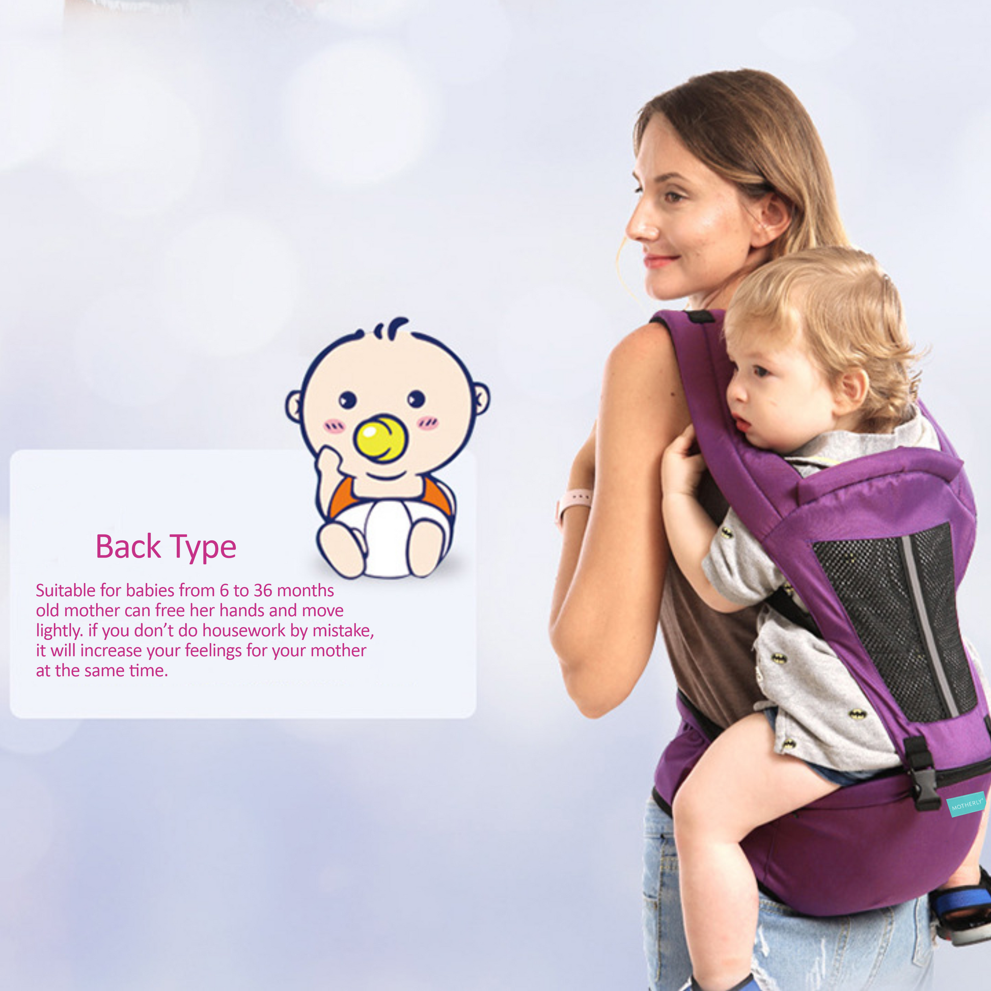 Motherly 2-in-1 Baby Carrier Bag for 6 to 36 Months - Kangaroo Style with Hip Seat for Comfort Carrying - MOTHERLY