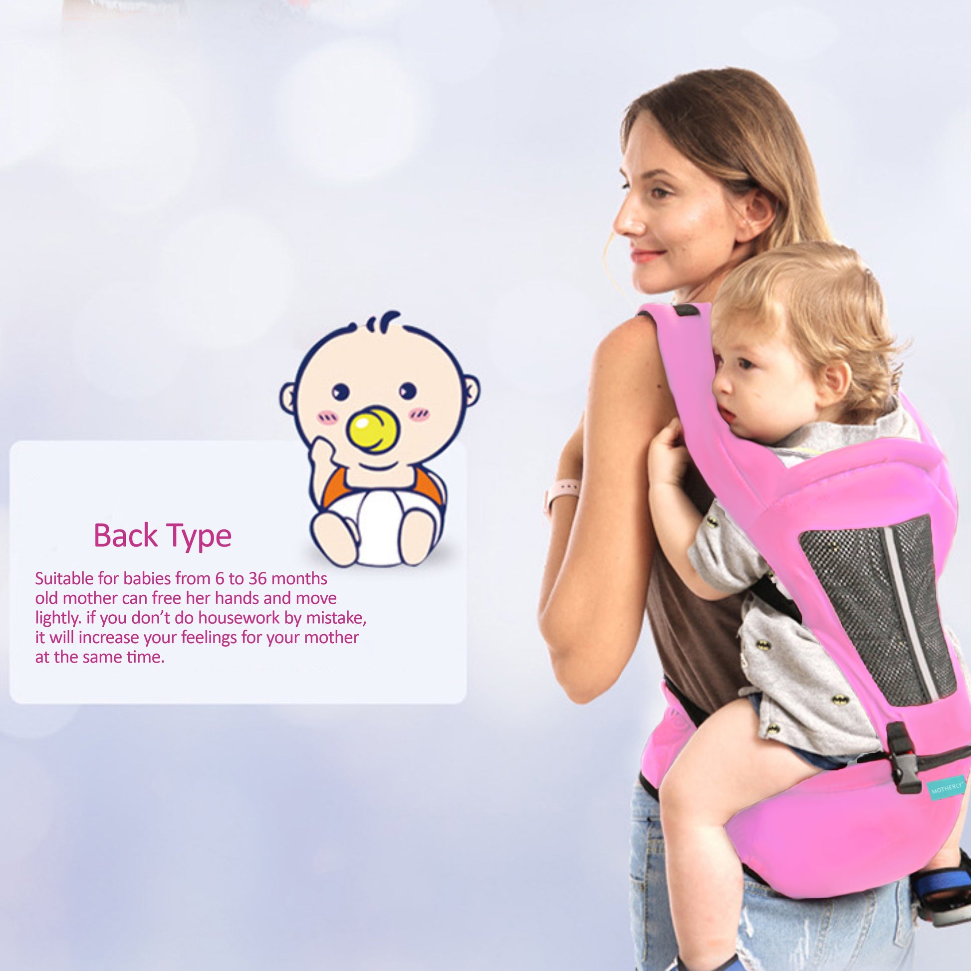 Motherly 2-in-1 Baby Carrier Bag for 6 to 36 Months - Kangaroo Style with Hip Seat for Comfort Carrying - MOTHERLY