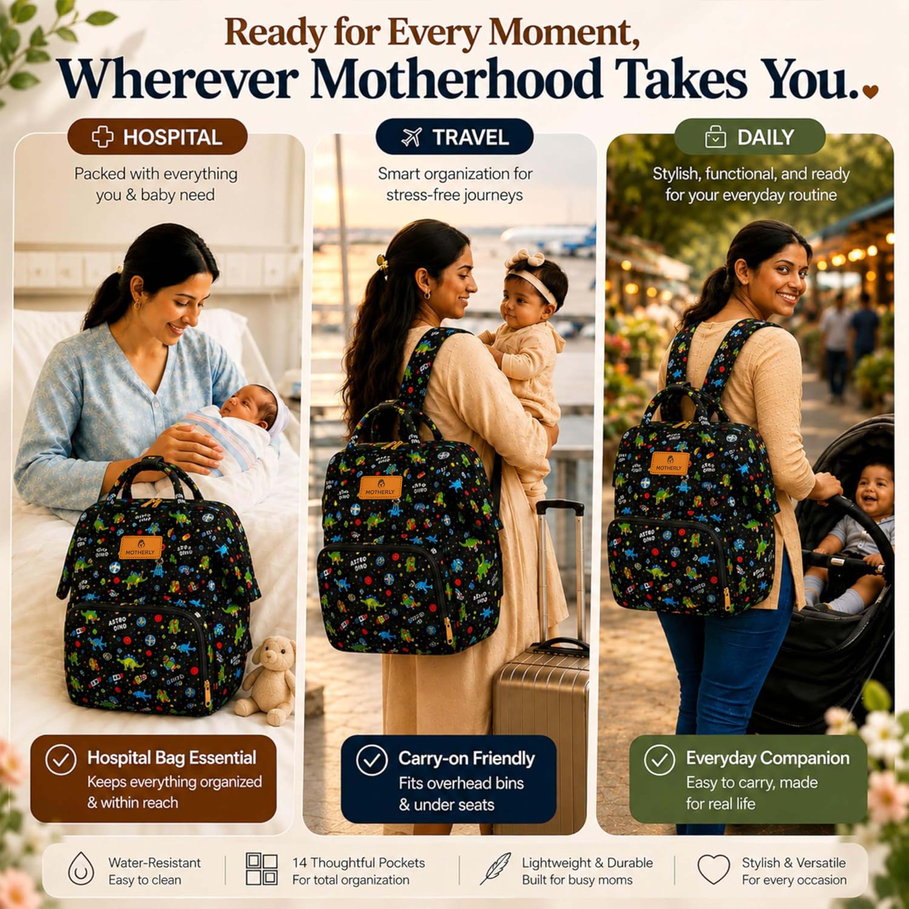 Motherly Patented Diaper Bag Backpack for Moms | Waterproof Baby Travel & Maternity Bag | Spacious Nappy Bag with Multiple Compartments, Insulated Bottle Pockets & Warranty (Kiddo Series, Space)