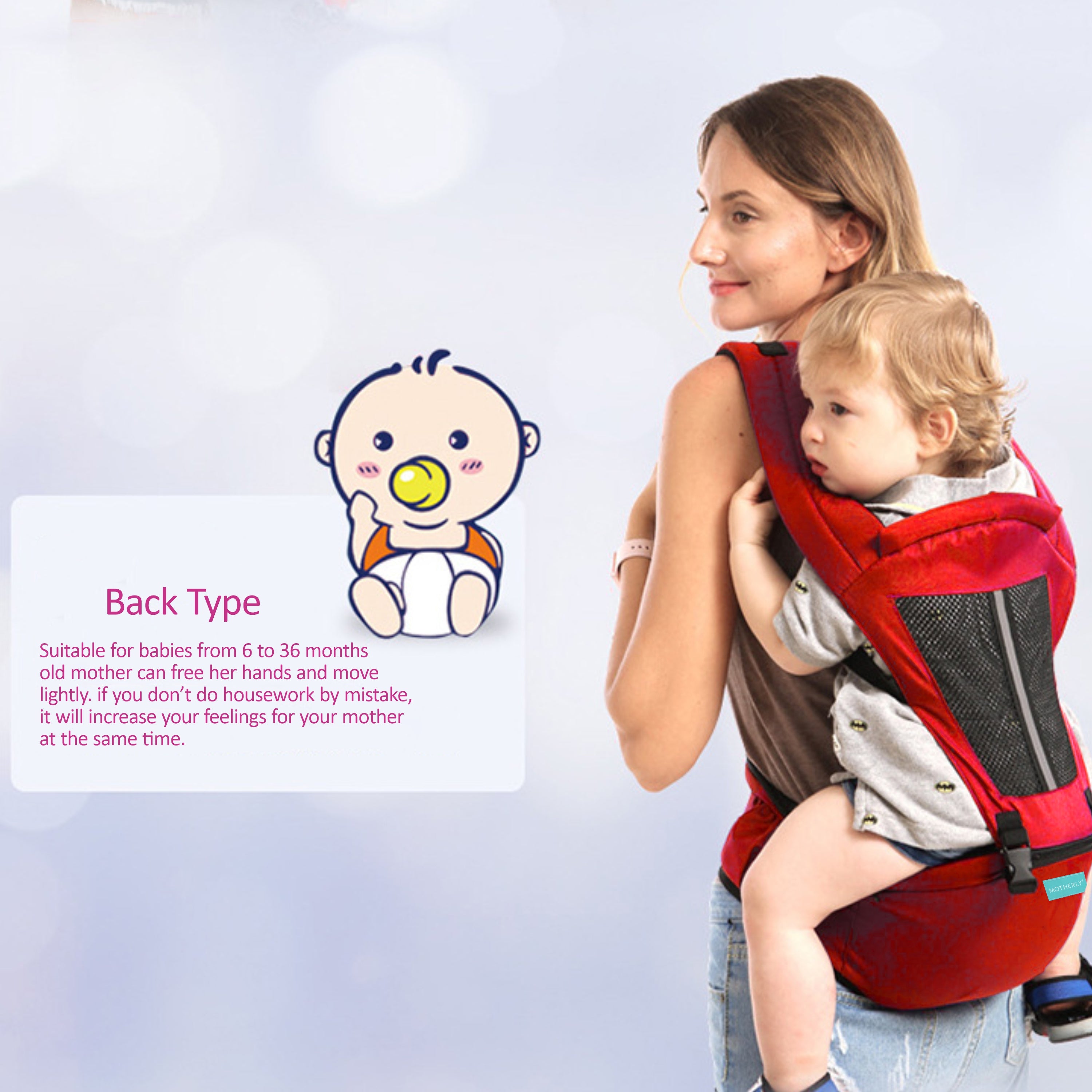 Motherly 2-in-1 Baby Carrier Bag for 6 to 36 Months - Kangaroo Style with Hip Seat for Comfort Carrying - MOTHERLY